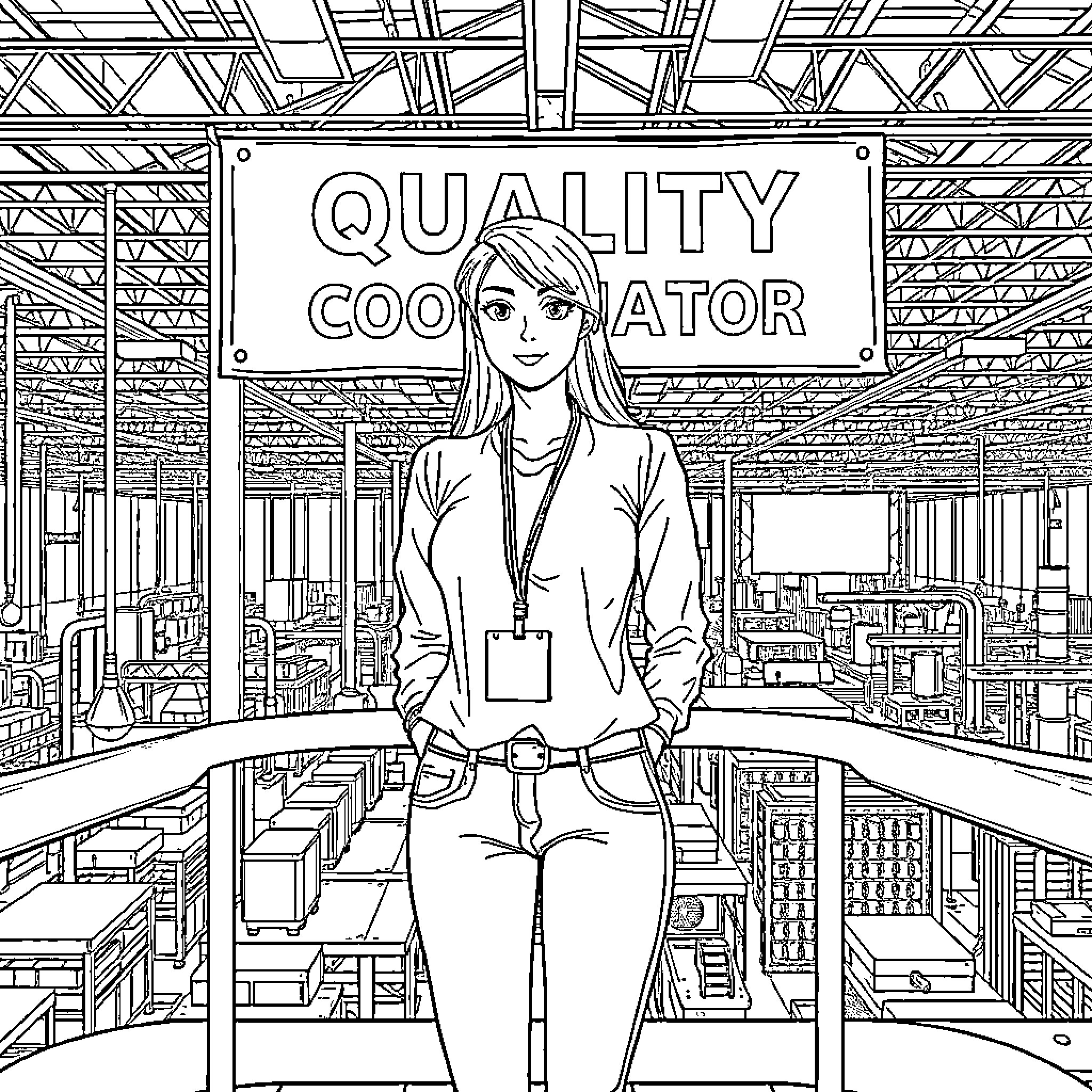 Woman as Quality Coordinator in Industrial Warehouse Coloring Page (free black-and-white line drawing printable PDF for all, from beginners to advanced learners, including children, teens, adults, and seniors)