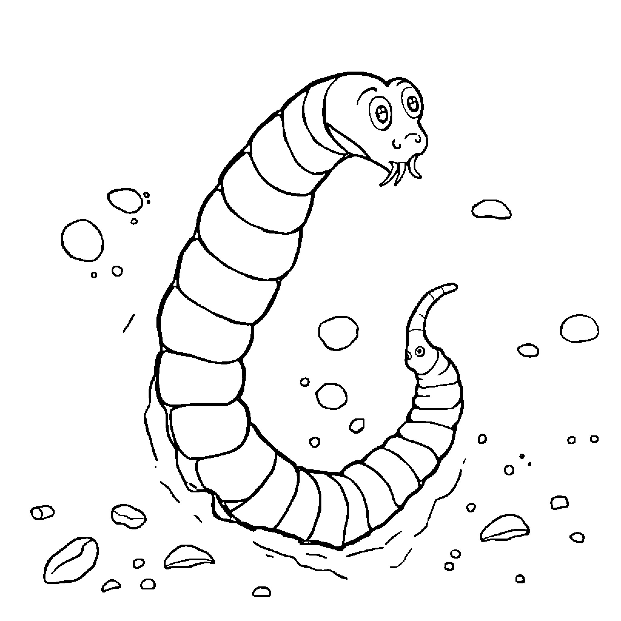 Earthworm exploring the seafloor Coloring Page (free black-and-white line drawing printable PDF for all, from beginners to advanced learners, including children, teens, adults, and seniors)
