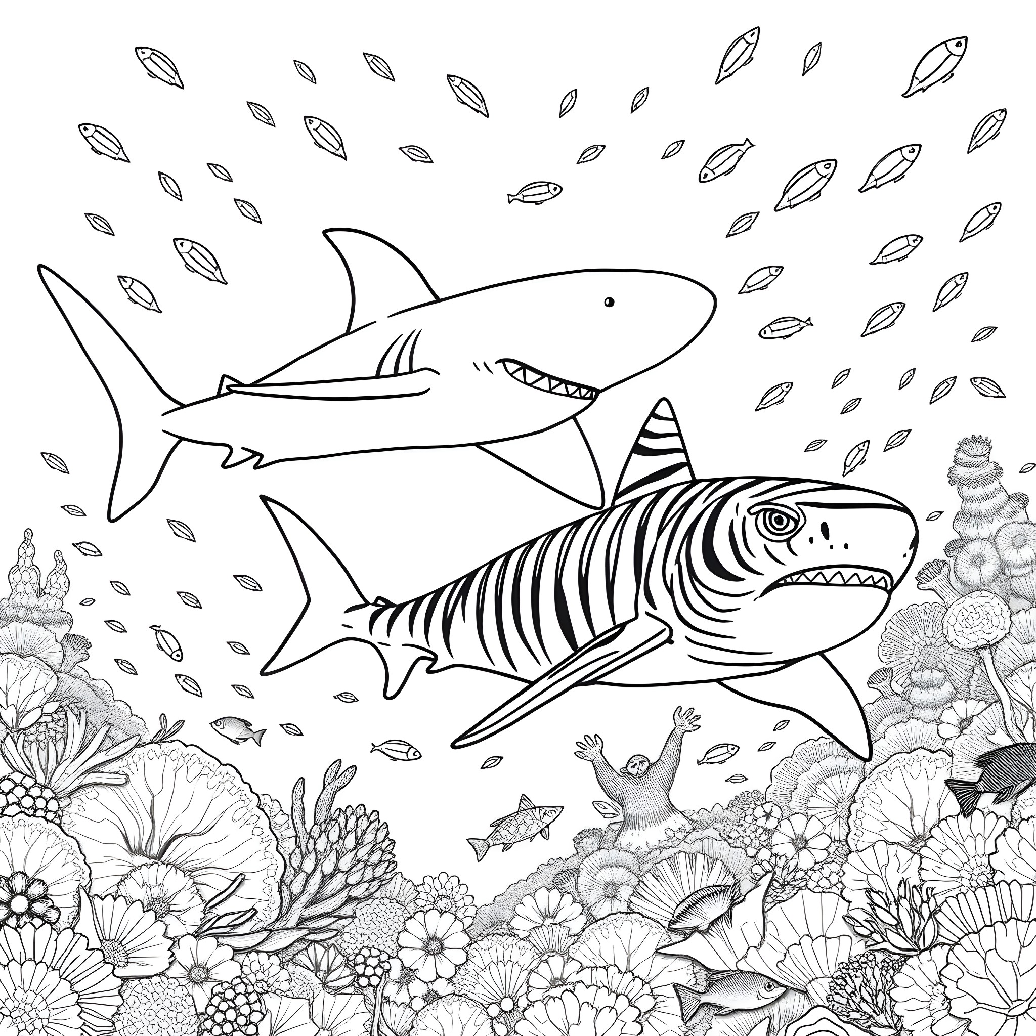 Sharks swimming amidst vibrant underwater scene Coloring Page (free black-and-white line drawing printable PDF for all, from beginners to advanced learners, including children, teens, adults, and seniors)