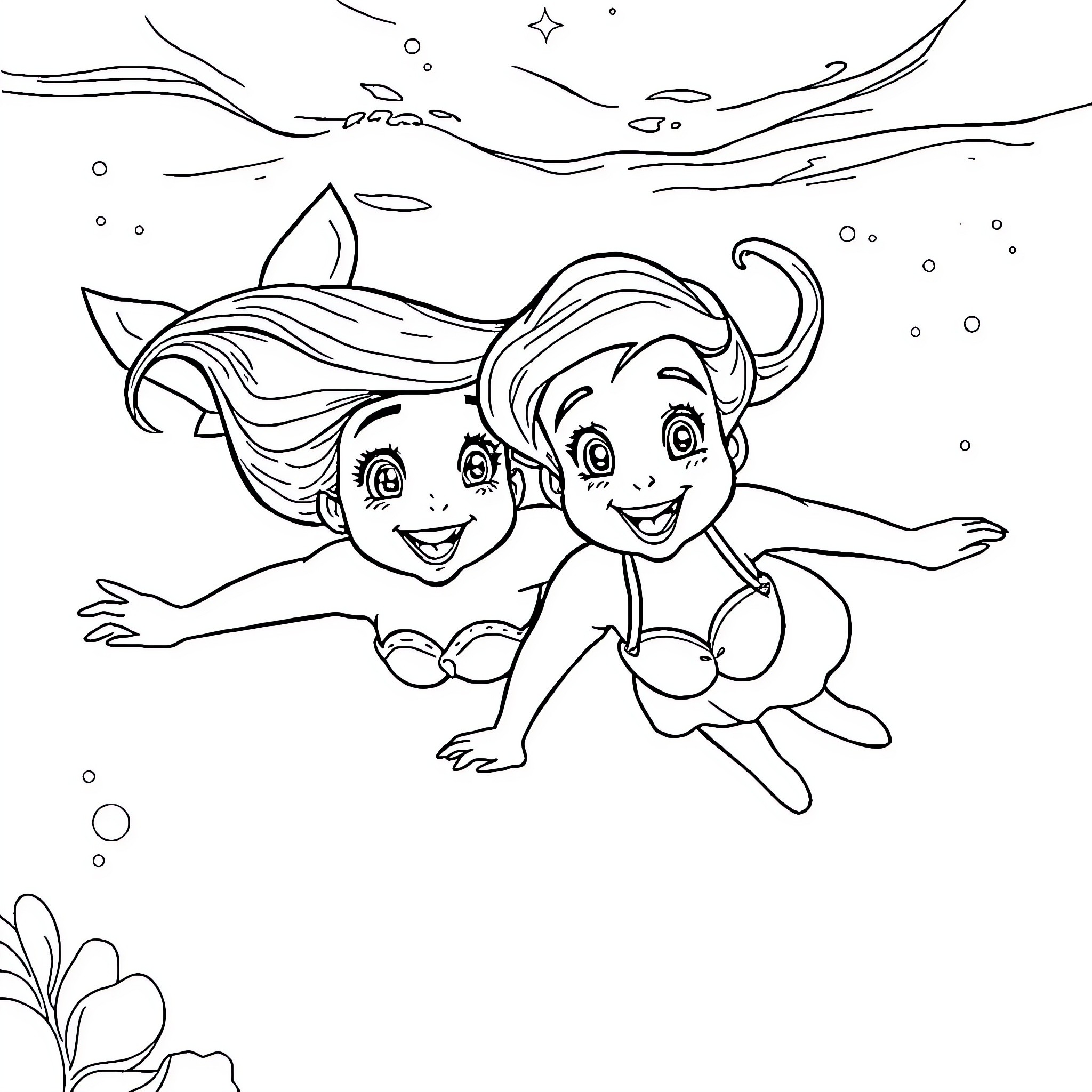 Ariel swimming happily in the underwater scene Coloring Page (free black-and-white line drawing printable PDF for all, from beginners to advanced learners, including children, teens, adults, and seniors)