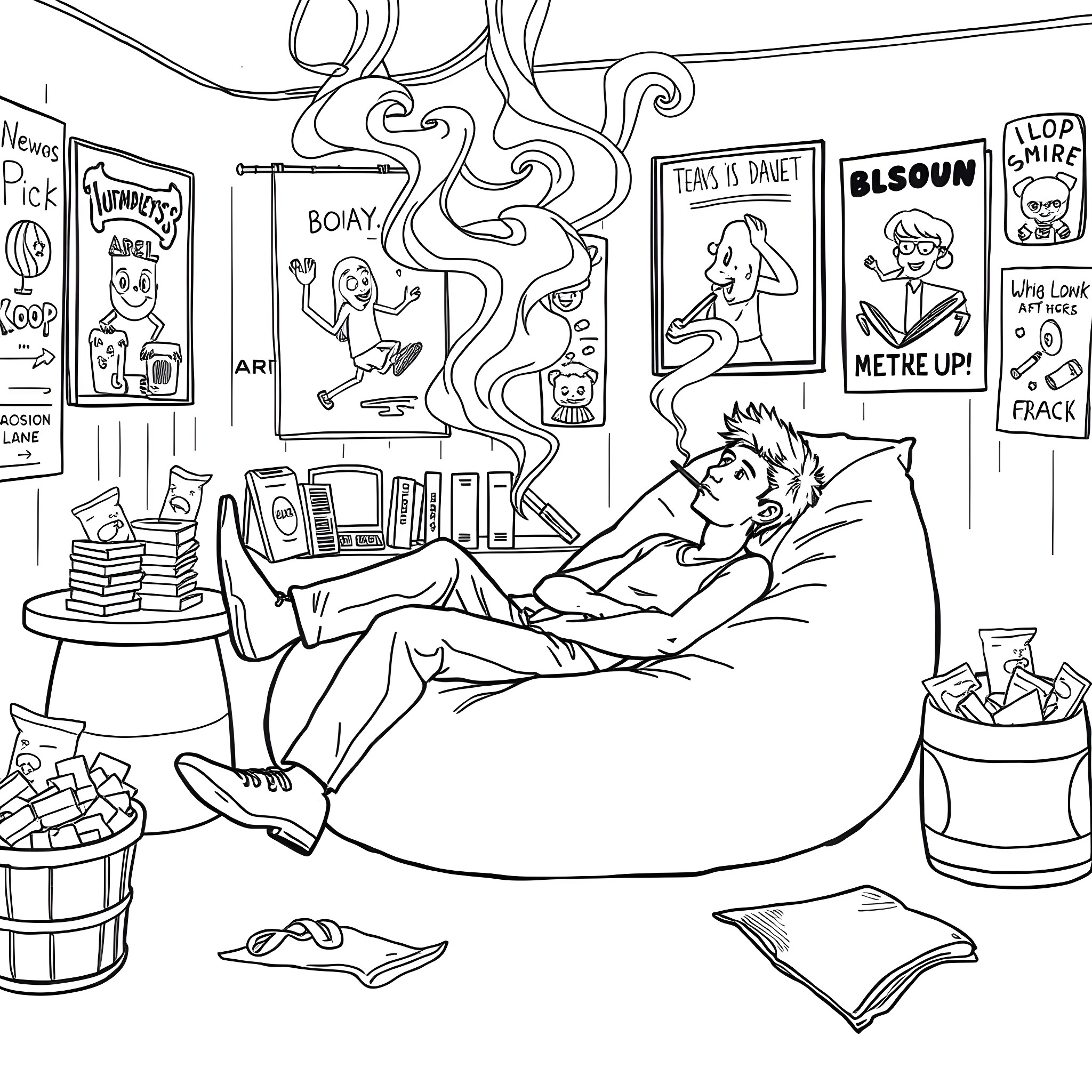 Stoner's Cozy Hideout: A Quirky, Cluttered Escape Coloring Page (free black-and-white line drawing printable PDF for all, from beginners to advanced learners, including children, teens, adults, and seniors)