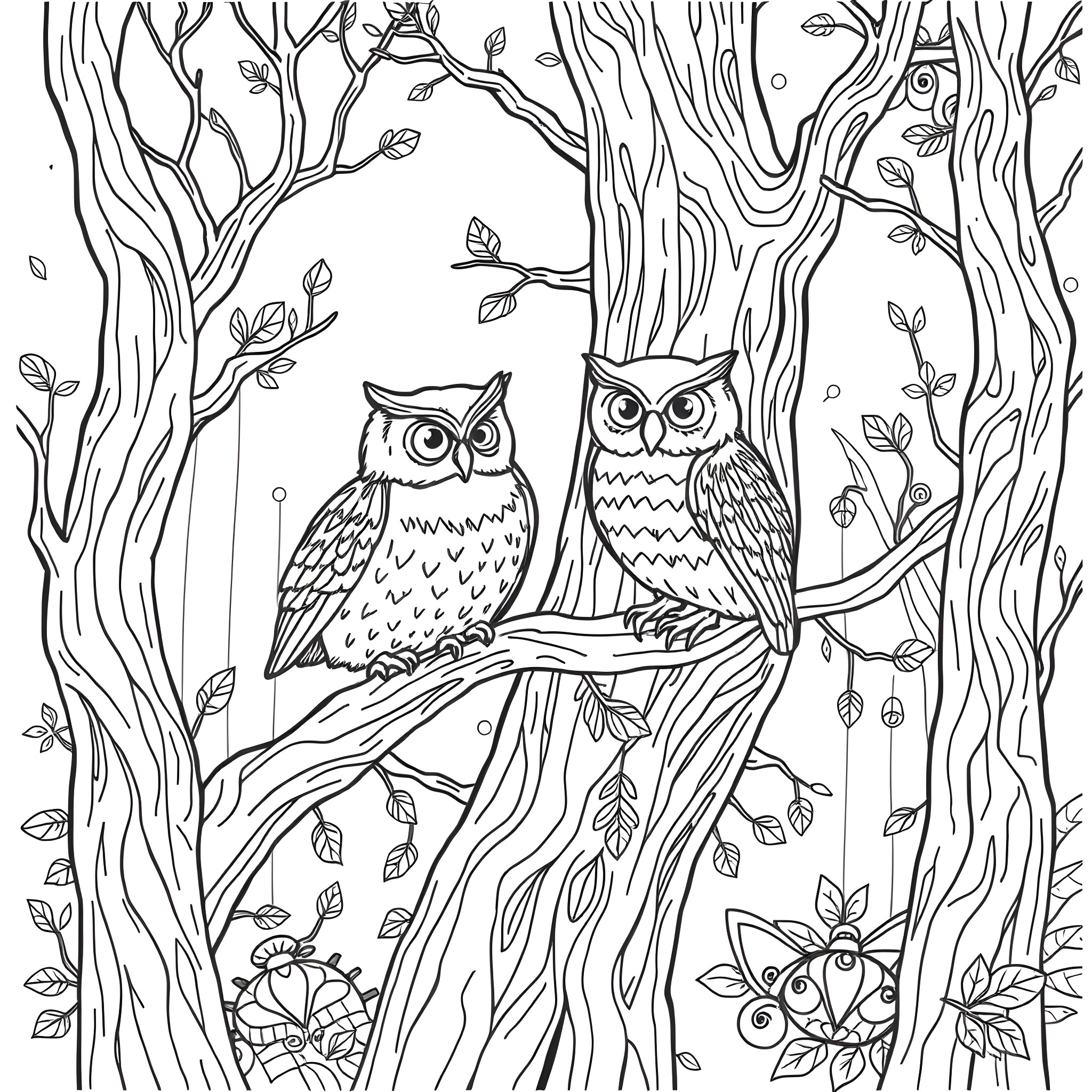Owl duo perched in enchanted forest Coloring Page (free black-and-white line drawing printable PDF for all, from beginners to advanced learners, including children, teens, adults, and seniors)