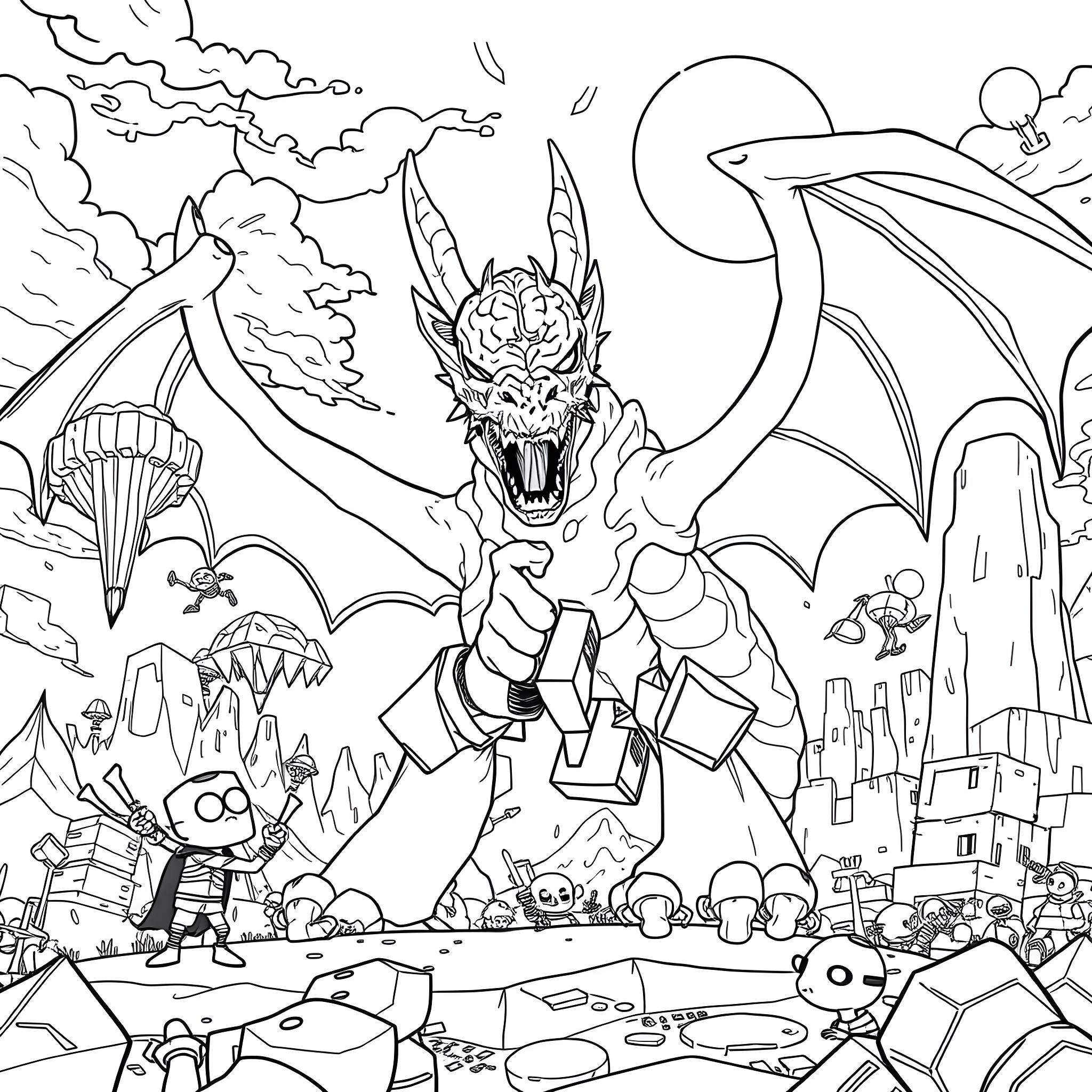 Character Attacking the City with Mythical Creatures Coloring Page (free black-and-white line drawing printable PDF for all, from beginners to advanced learners, including children, teens, adults, and seniors)
