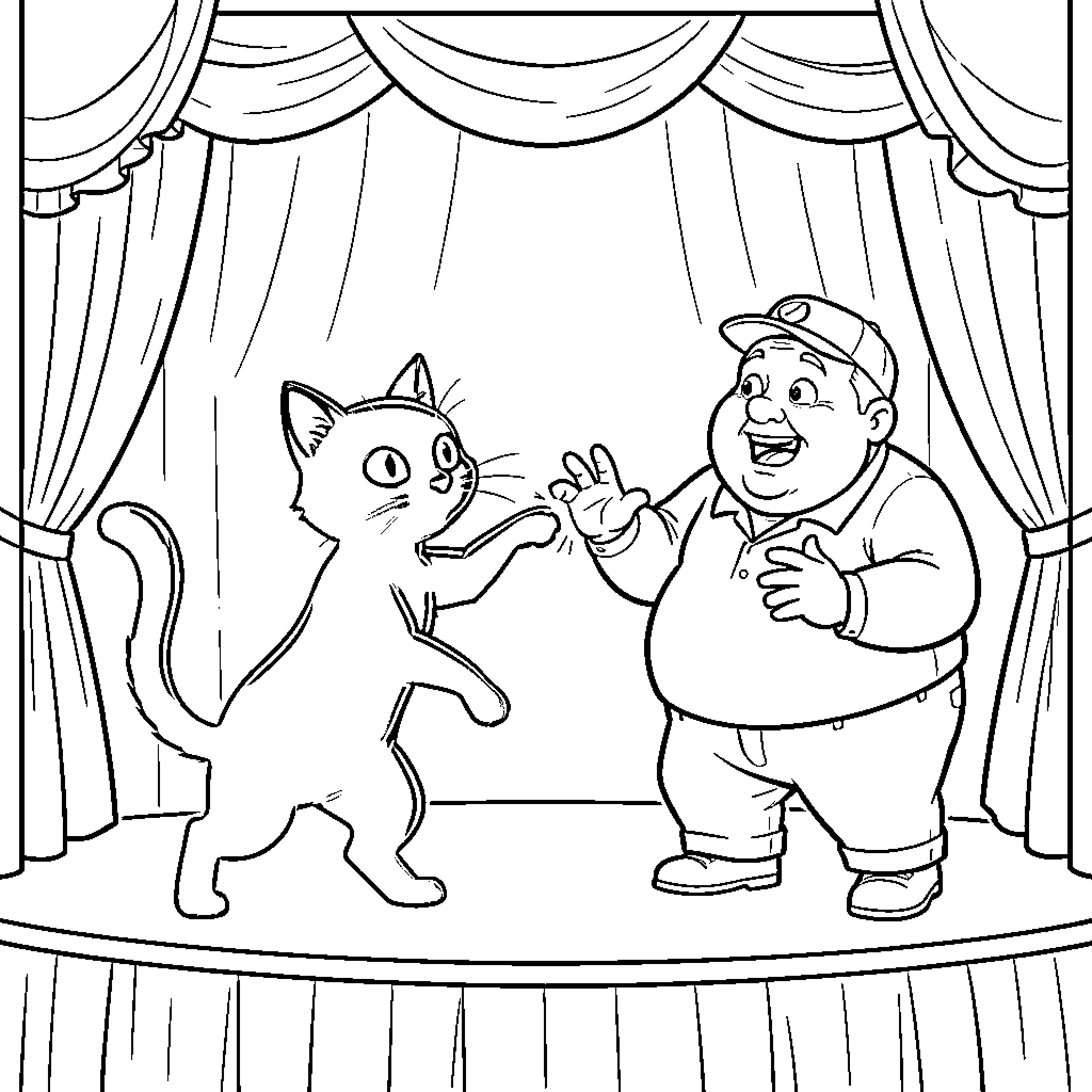 Gato and the Entertaining Man on Stage Coloring Page (free black-and-white line drawing printable PDF for all, from beginners to advanced learners, including children, teens, adults, and seniors)