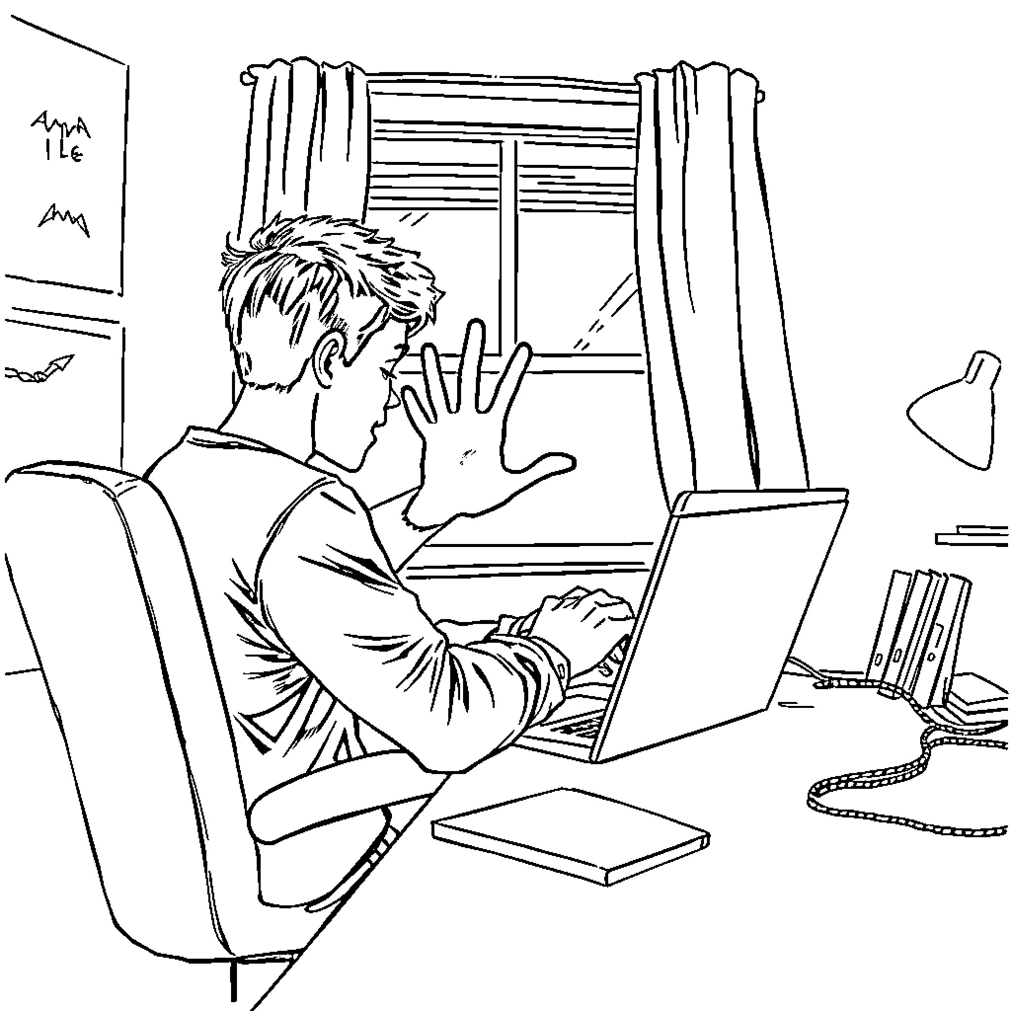 Man focused on computer work in home office Coloring Page (free black-and-white line drawing printable PDF for all, from beginners to advanced learners, including children, teens, adults, and seniors)