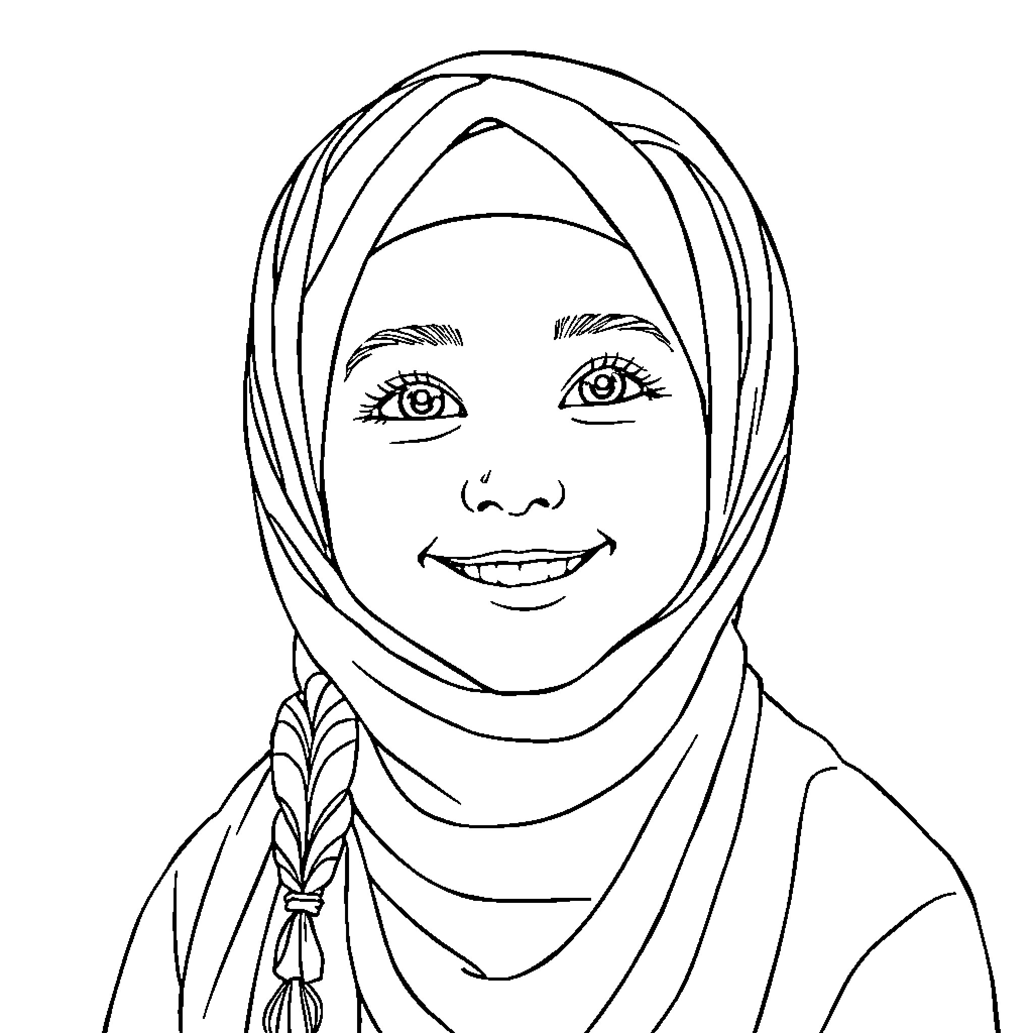 Hijabi Child Smiling Joyfully in Black and White Coloring Page (free black-and-white line drawing printable PDF for all, from beginners to advanced learners, including children, teens, adults, and seniors)