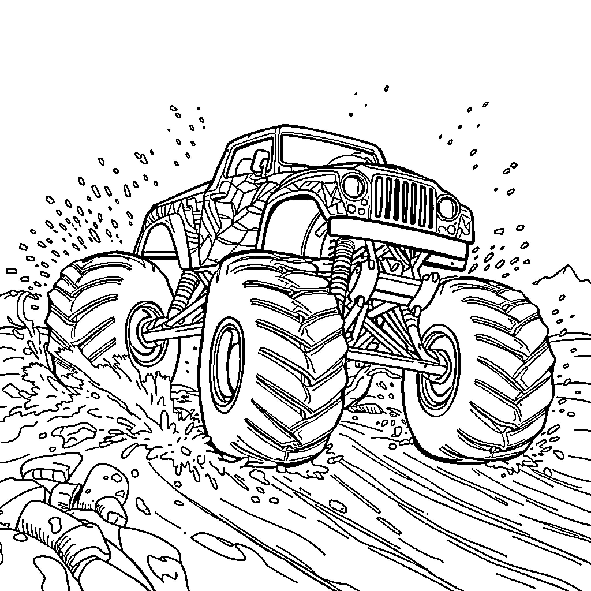 Monster Truck Crushing Obstacles in the Wilderness Coloring Page (free black-and-white line drawing printable PDF for all, from beginners to advanced learners, including children, teens, adults, and seniors)