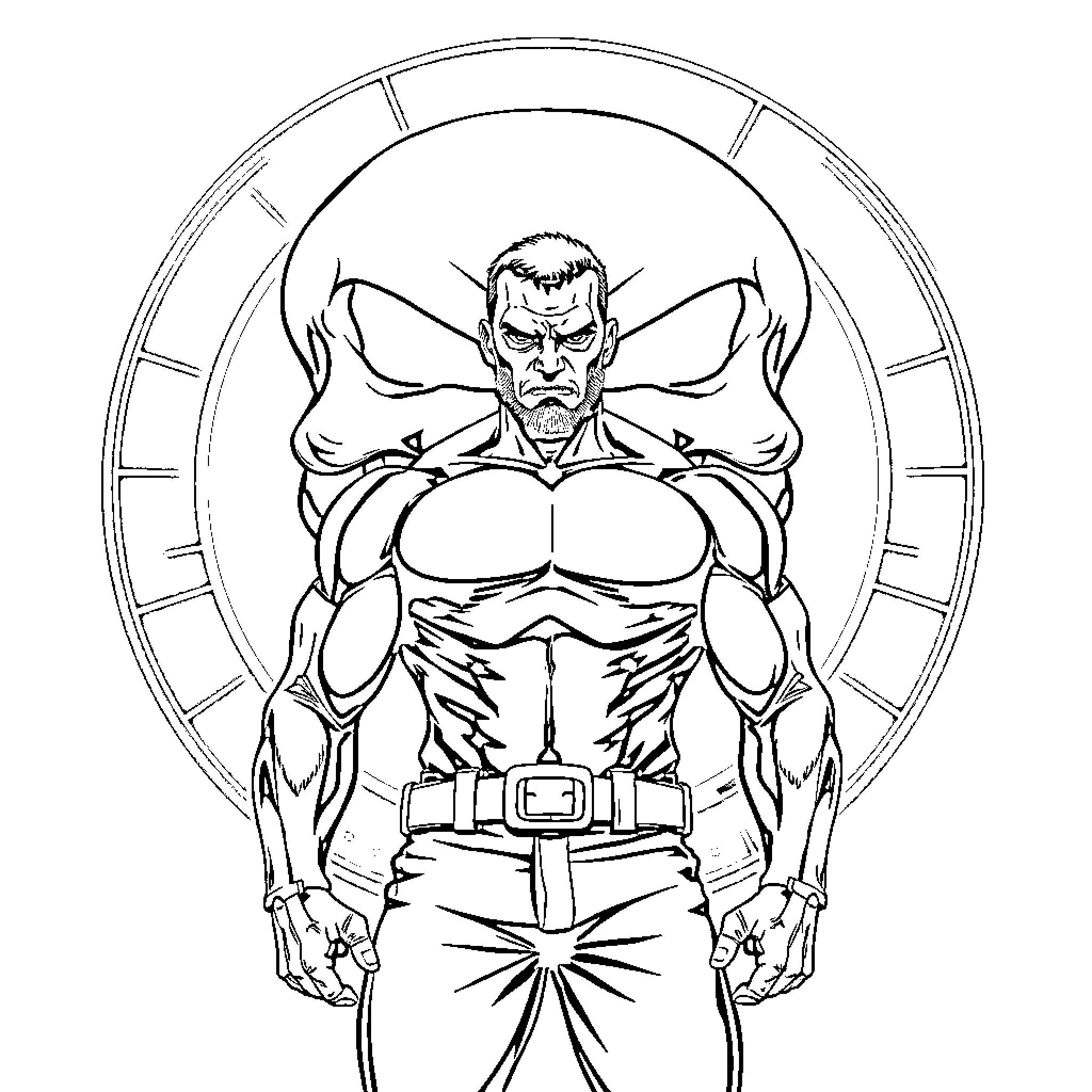 Punisher with muscular build and intense expression Coloring Page (free black-and-white line drawing printable PDF for all, from beginners to advanced learners, including children, teens, adults, and seniors)