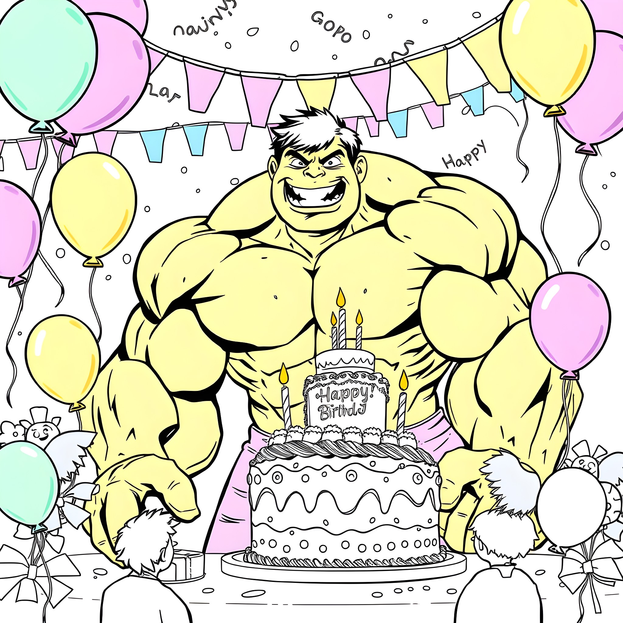 Hulk Celebrates Joyous Birthday Party Coloring Page (free black-and-white line drawing printable PDF for all, from beginners to advanced learners, including children, teens, adults, and seniors)