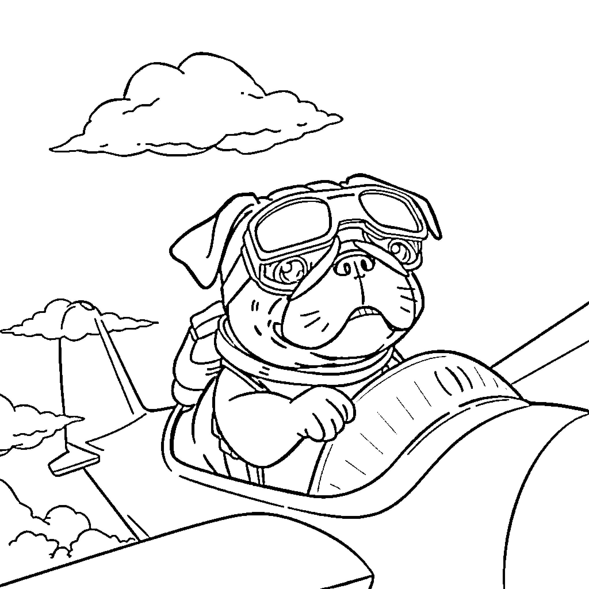 Pug flying an airplane on a sunny day Coloring Page (free black-and-white line drawing printable PDF for all, from beginners to advanced learners, including children, teens, adults, and seniors)