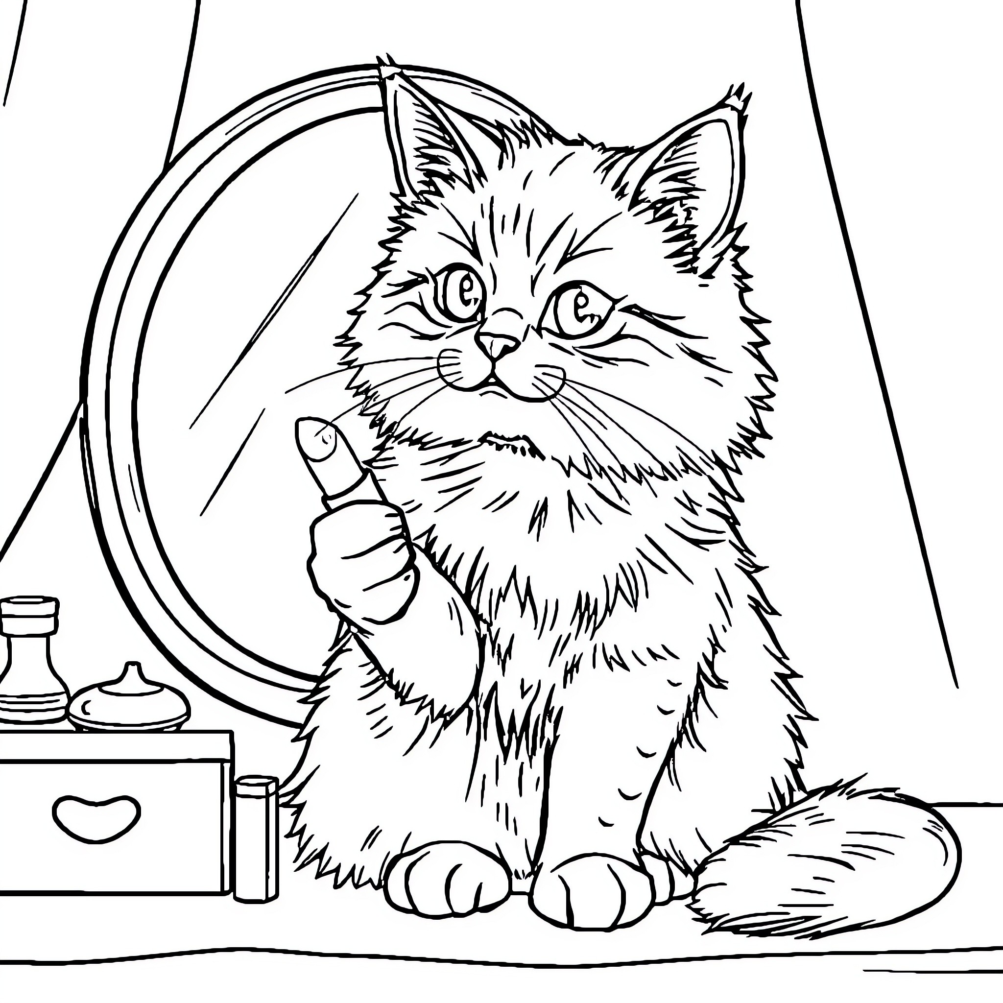 Cat looking at itself in the mirror Coloring Page (free black-and-white line drawing printable PDF for all, from beginners to advanced learners, including children, teens, adults, and seniors)