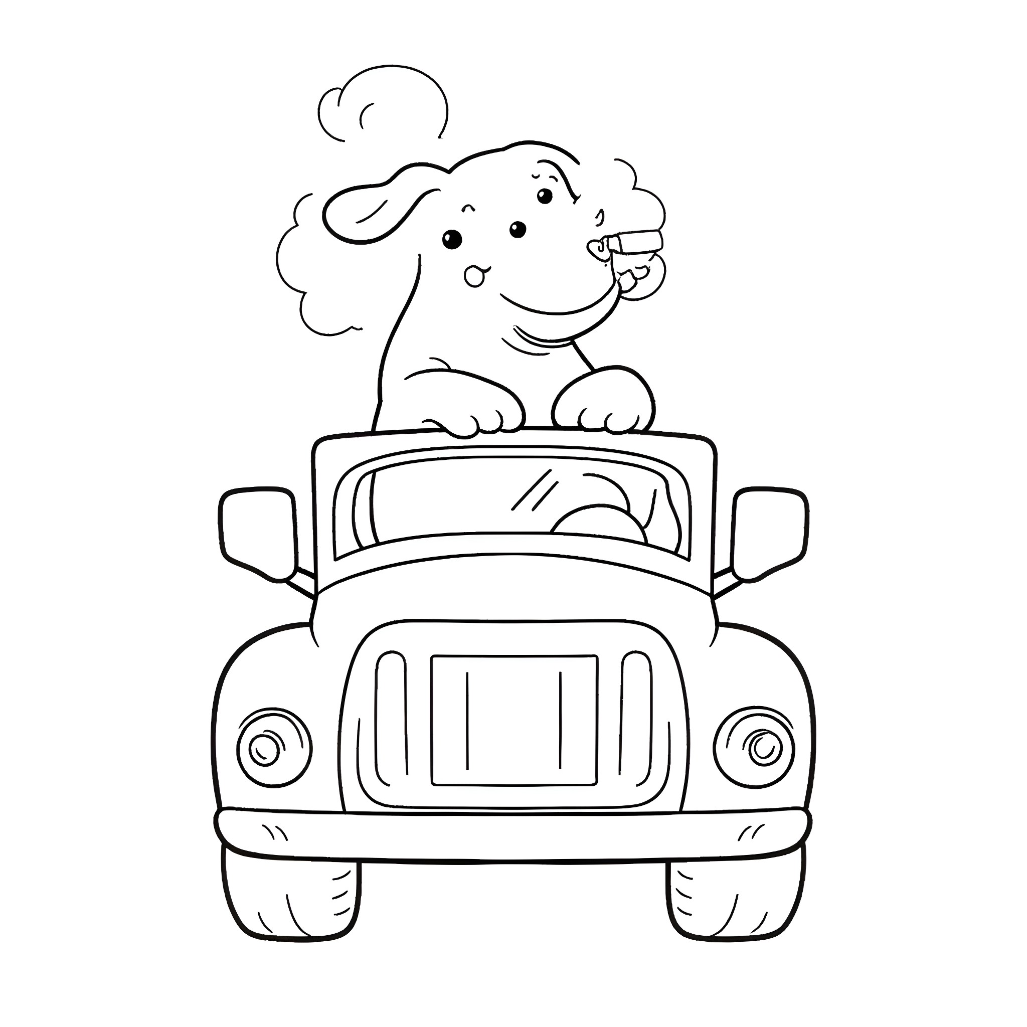 Dog driving a happy car Coloring Page (free black-and-white line drawing printable PDF for all, from beginners to advanced learners, including children, teens, adults, and seniors)