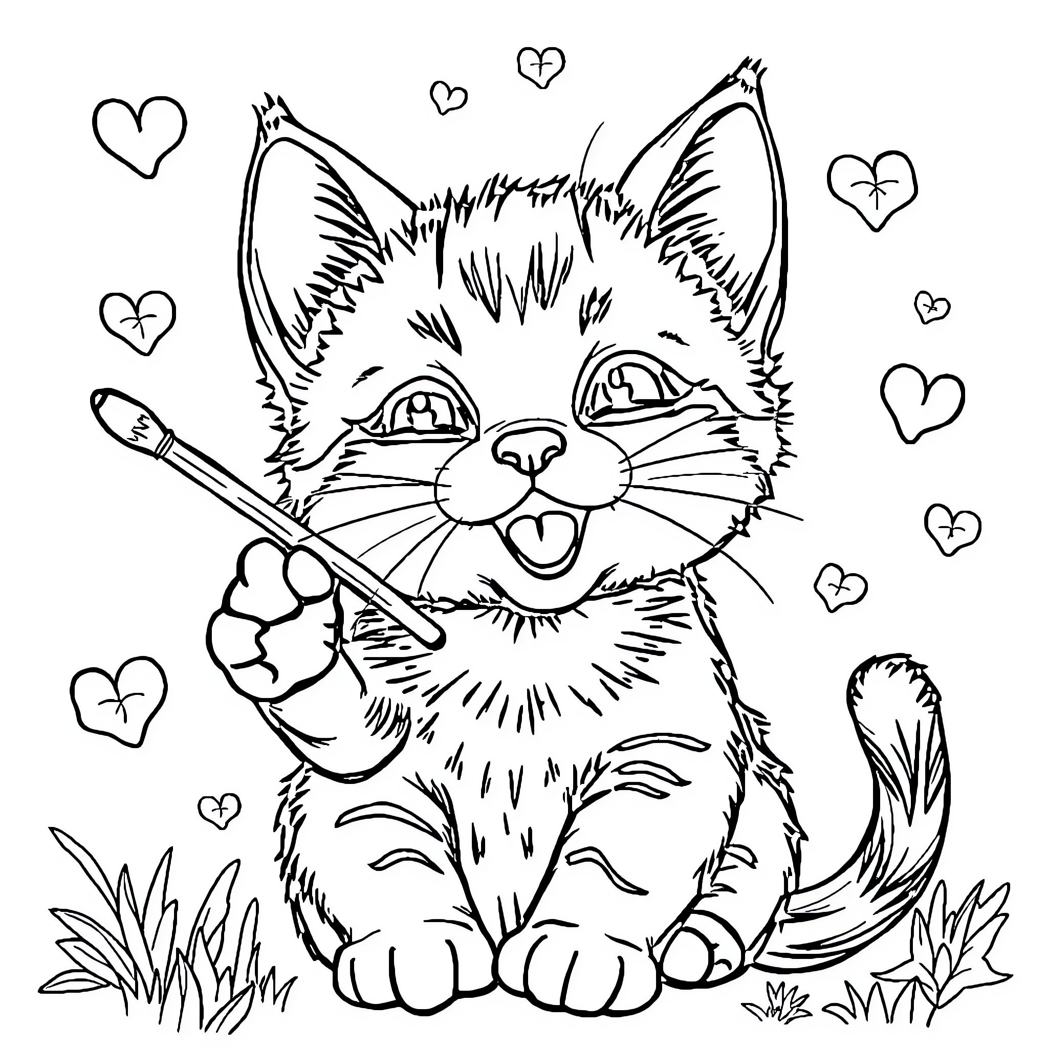 Kitten playing with heart-shaped objects Coloring Page (free black-and-white line drawing printable PDF for all, from beginners to advanced learners, including children, teens, adults, and seniors)