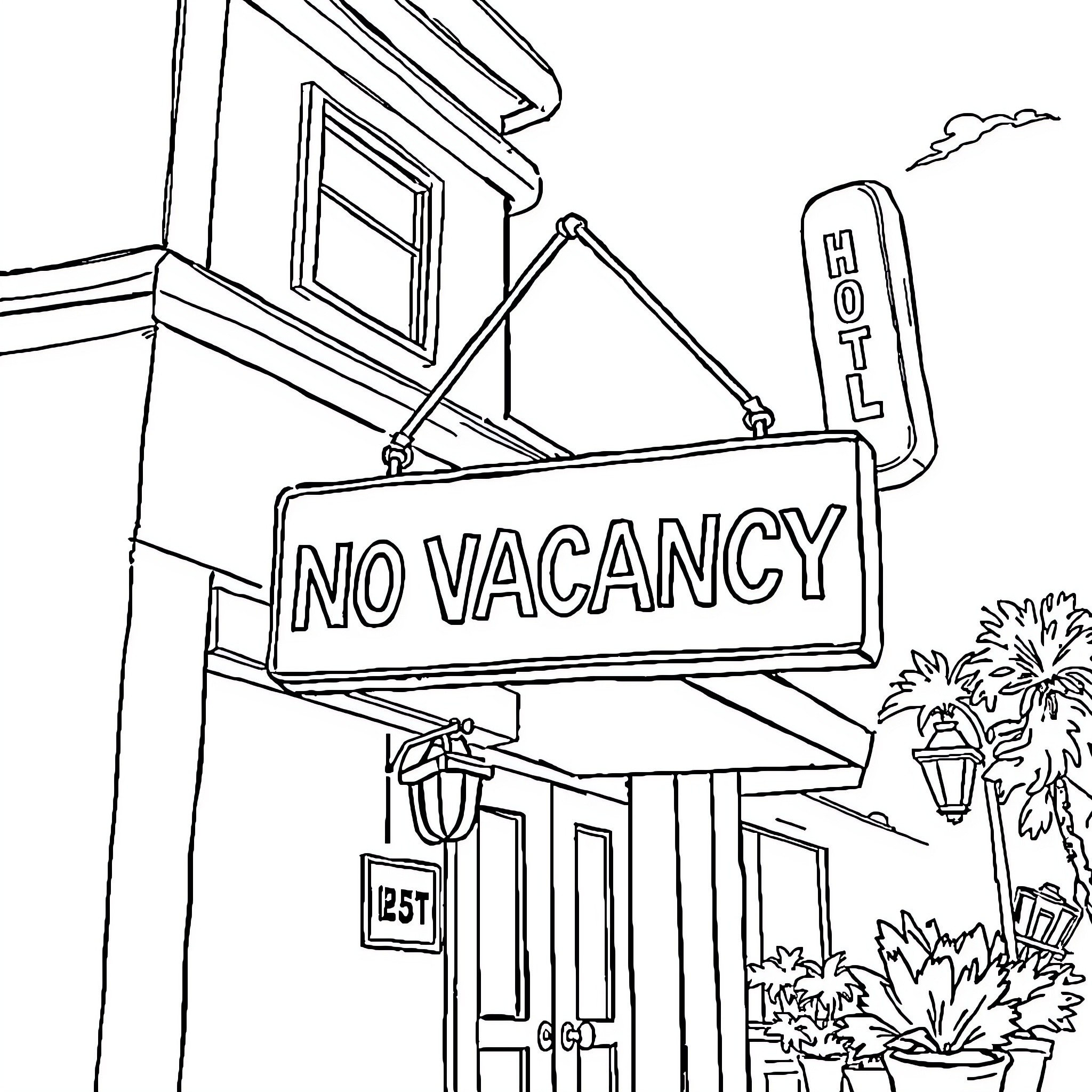 No Vacancy Sign Outside Hotel with Palm Trees Coloring Page (free black-and-white line drawing printable PDF for all, from beginners to advanced learners, including children, teens, adults, and seniors)