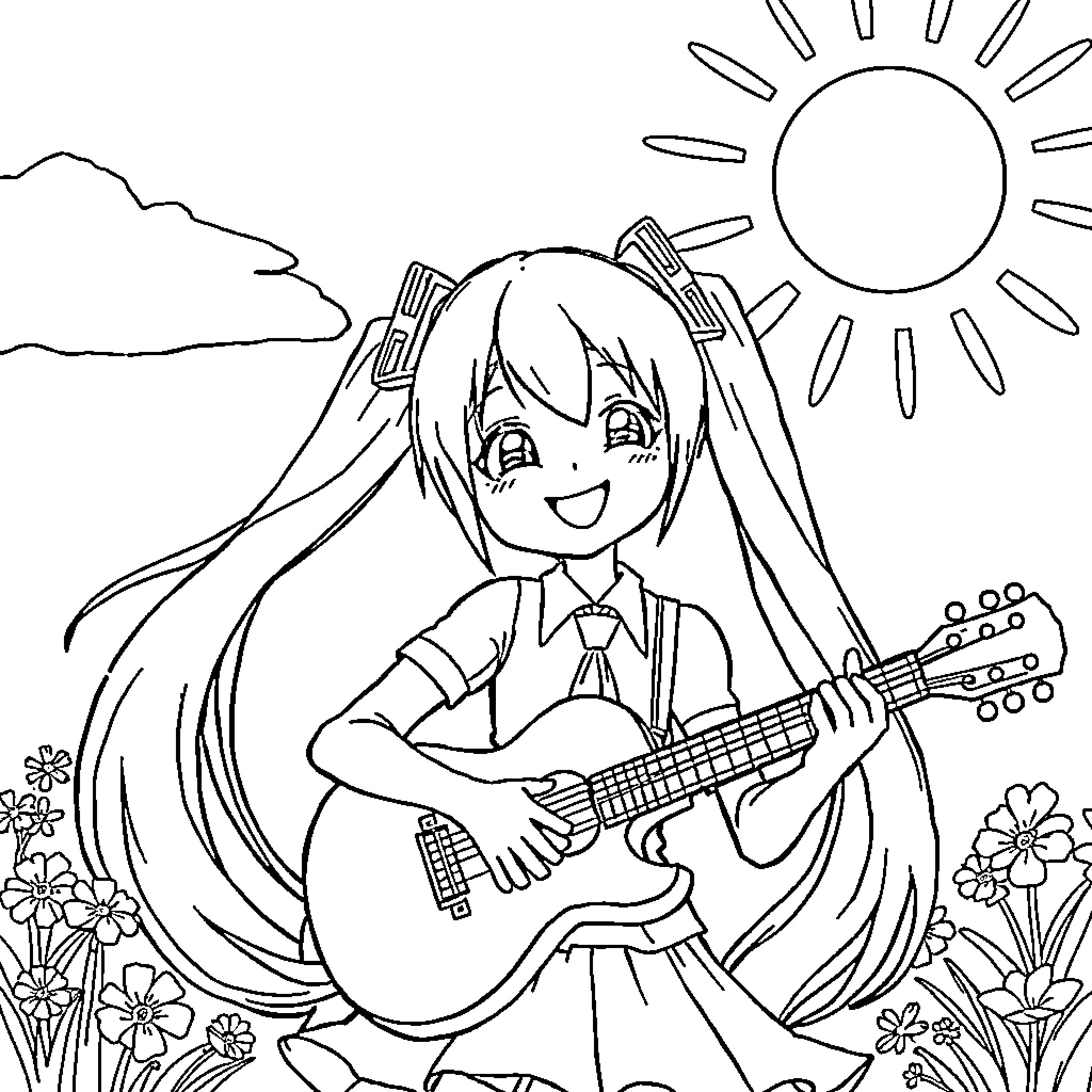 Miku playing guitar in the sun Coloring Page (free black-and-white line drawing printable PDF for all, from beginners to advanced learners, including children, teens, adults, and seniors)