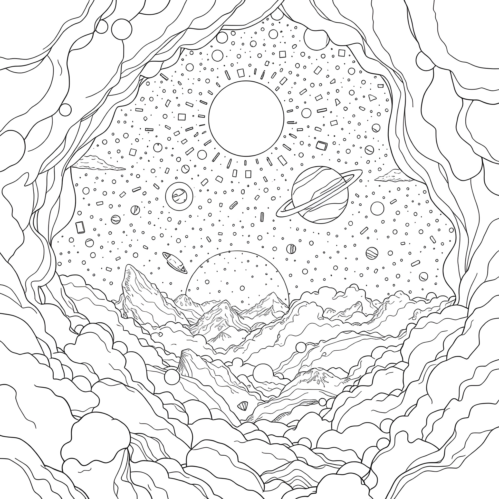 Space adventure with cosmic elements Coloring Page (free black-and-white line drawing printable PDF for all, from beginners to advanced learners, including children, teens, adults, and seniors)