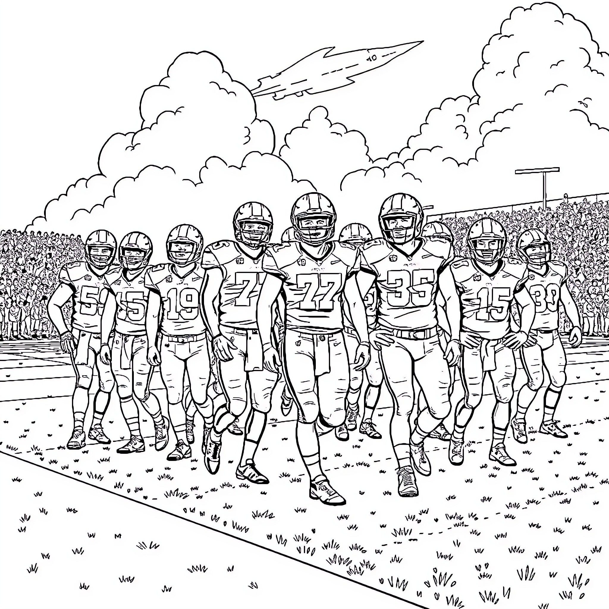 Tennessee Football Team in Action on Field Coloring Page (free black-and-white line drawing printable PDF for all, from beginners to advanced learners, including children, teens, adults, and seniors)
