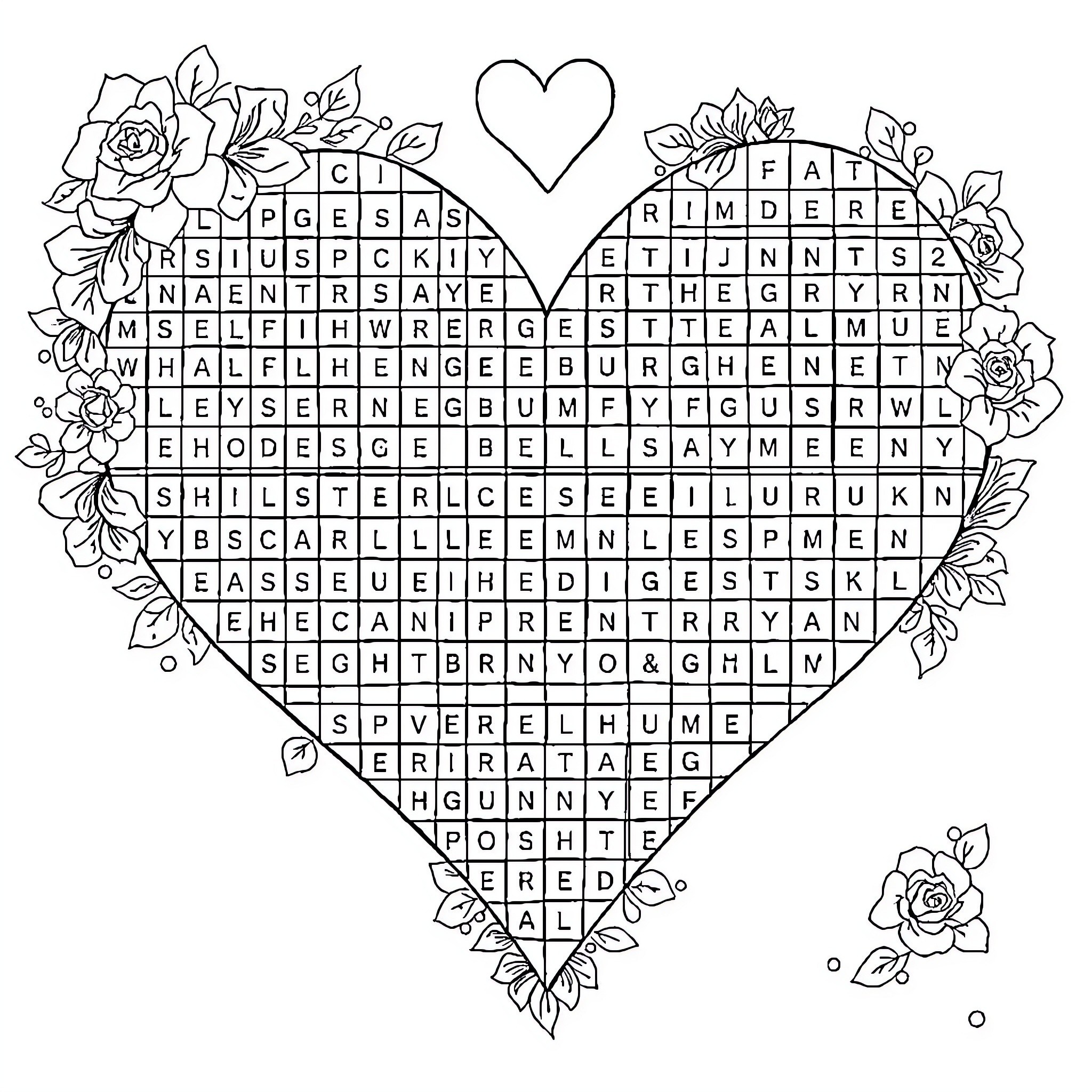 Heart Filled with Floral Ornaments and Hidden Phrases Coloring Page (free black-and-white line drawing printable PDF for all, from beginners to advanced learners, including children, teens, adults, and seniors)