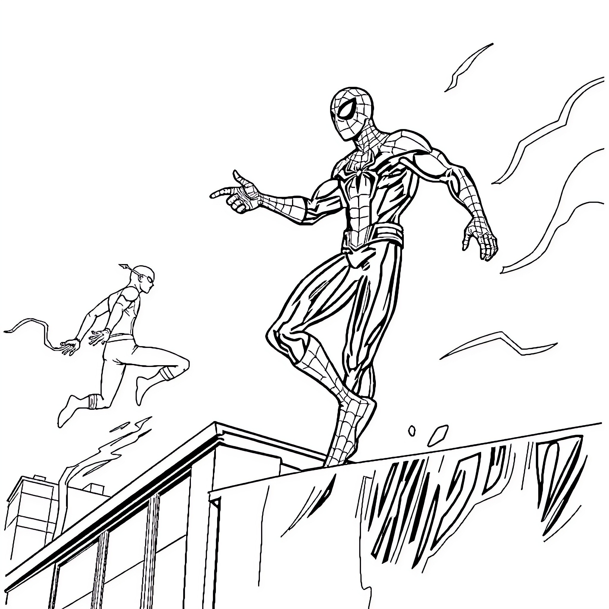 Spiderman leaping into action on the rooftops Coloring Page (free black-and-white line drawing printable PDF for all, from beginners to advanced learners, including children, teens, adults, and seniors)