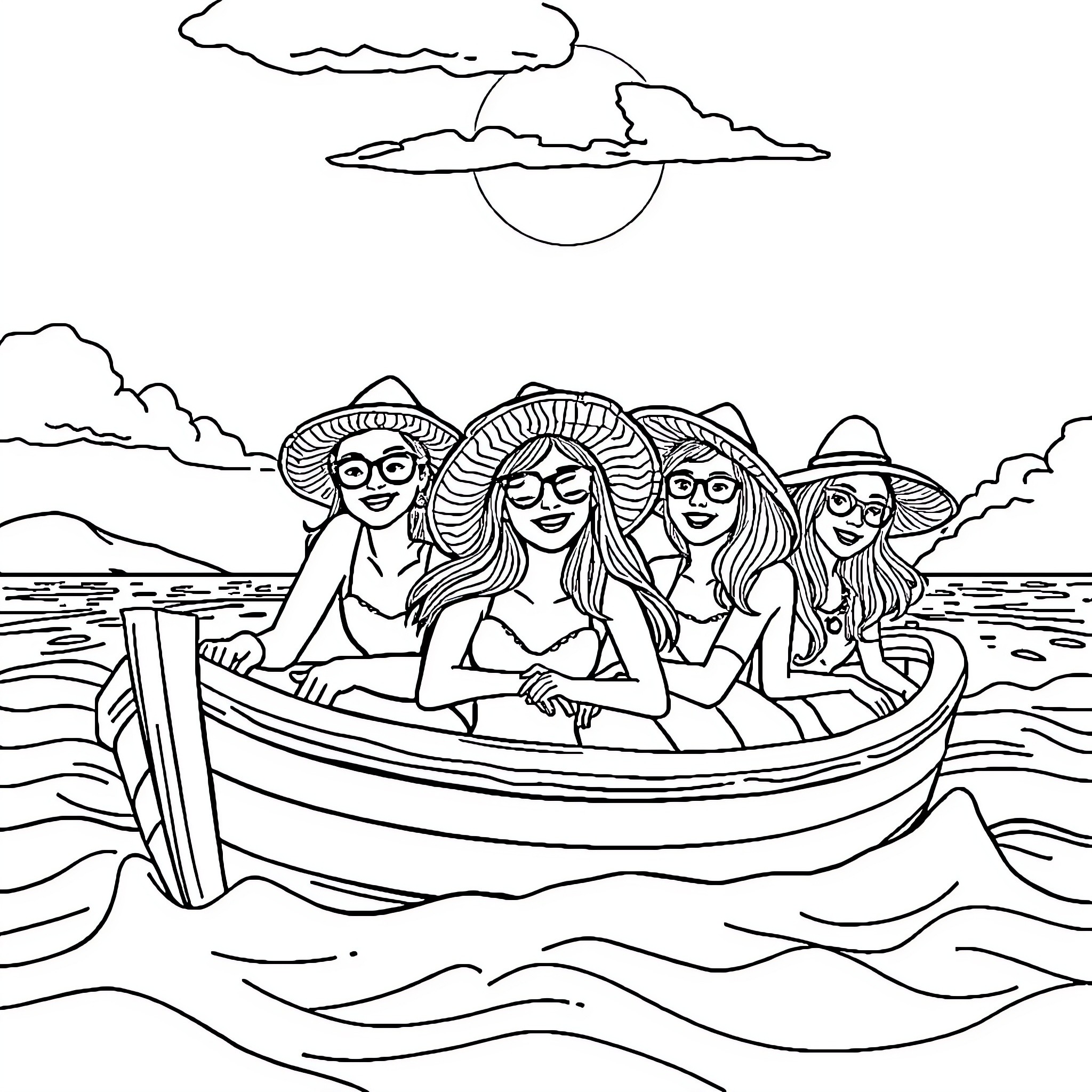 Straw Hat Crew Sailing on a Boat in the Ocean Coloring Page (free black-and-white line drawing printable PDF for all, from beginners to advanced learners, including children, teens, adults, and seniors)