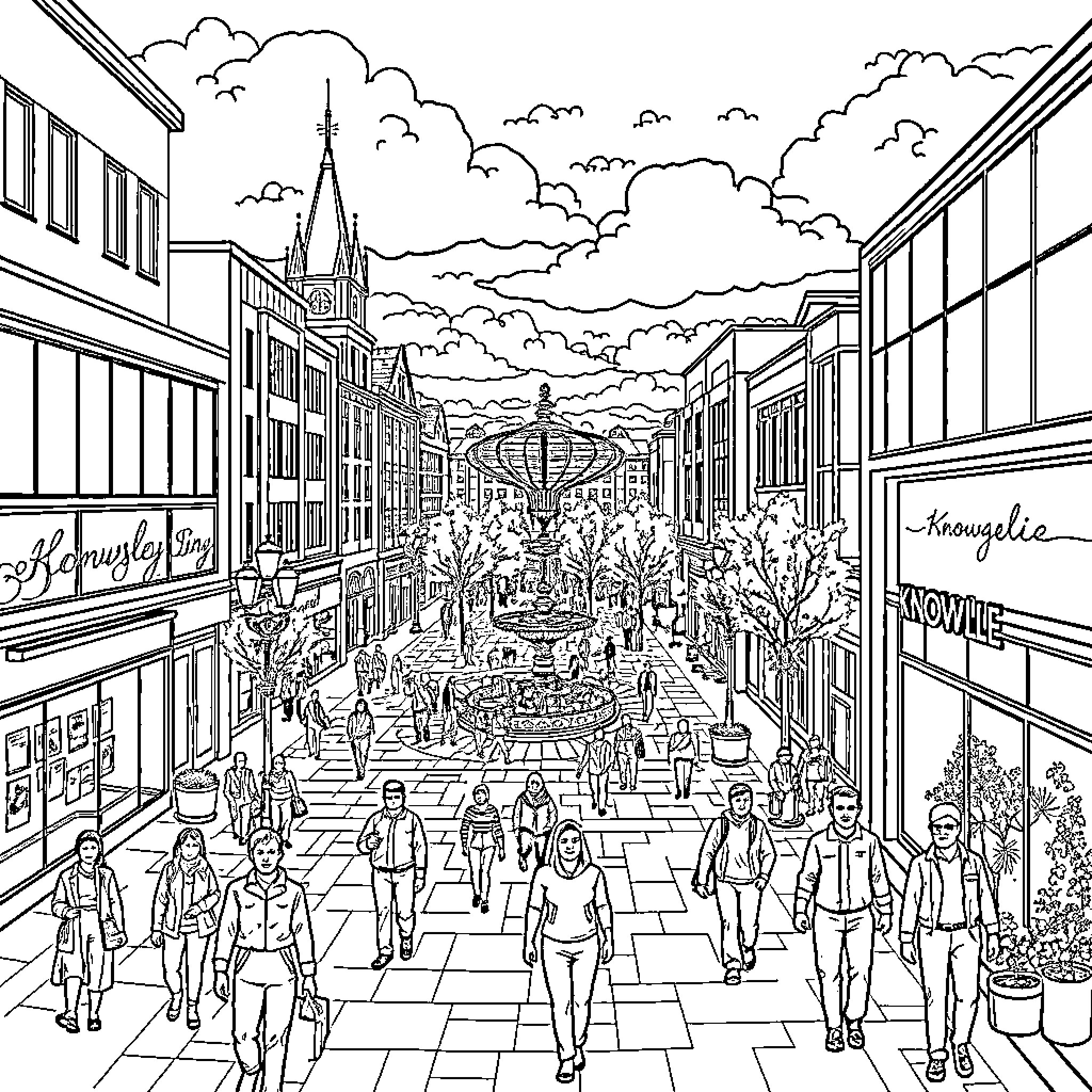 Knowsley: Vibrant Cityscape with Crowds and Architecture Coloring Page (free black-and-white line drawing printable PDF for all, from beginners to advanced learners, including children, teens, adults, and seniors)
