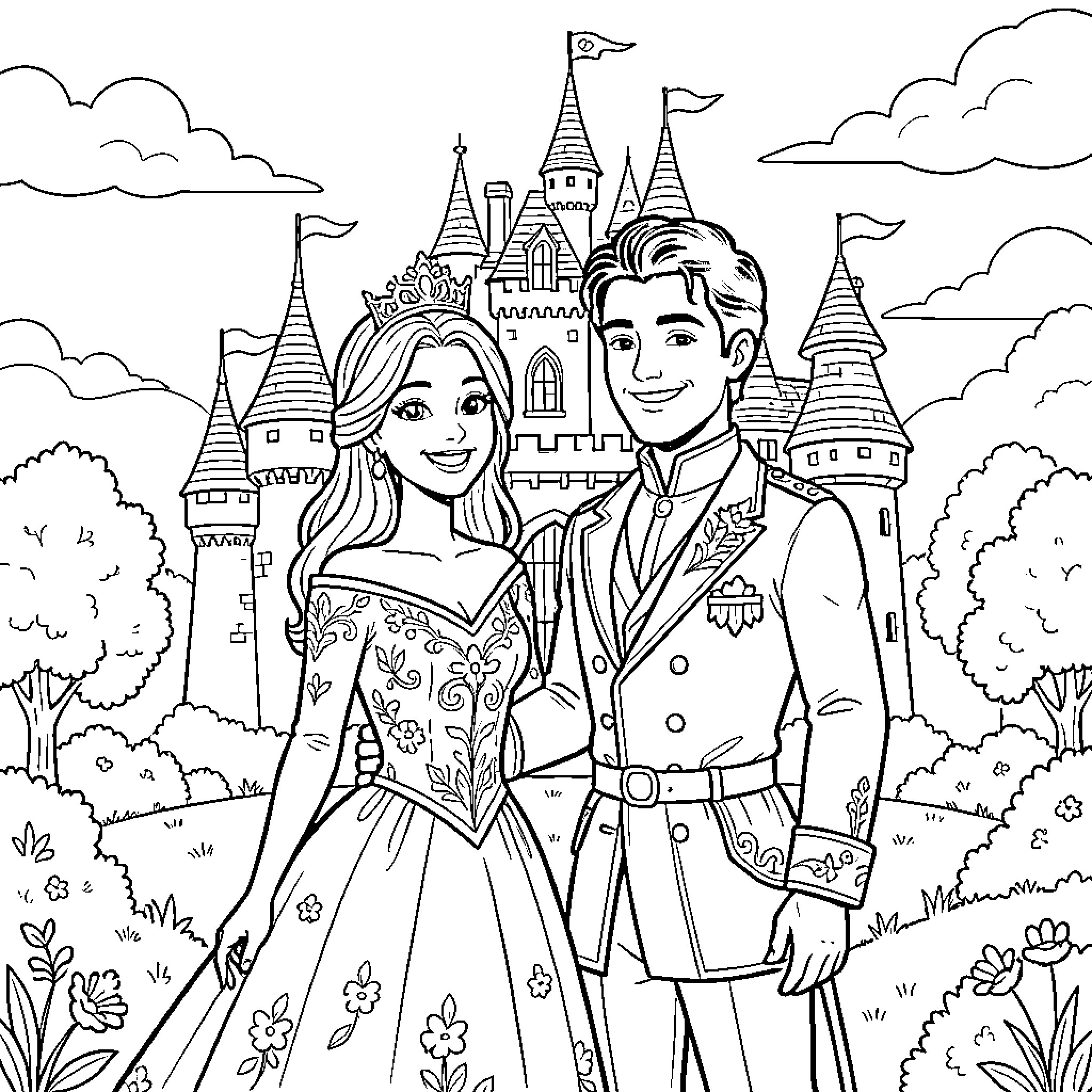 Princess and Prince in the Royal Castle Coloring Page (free black-and-white line drawing printable PDF for all, from beginners to advanced learners, including children, teens, adults, and seniors)