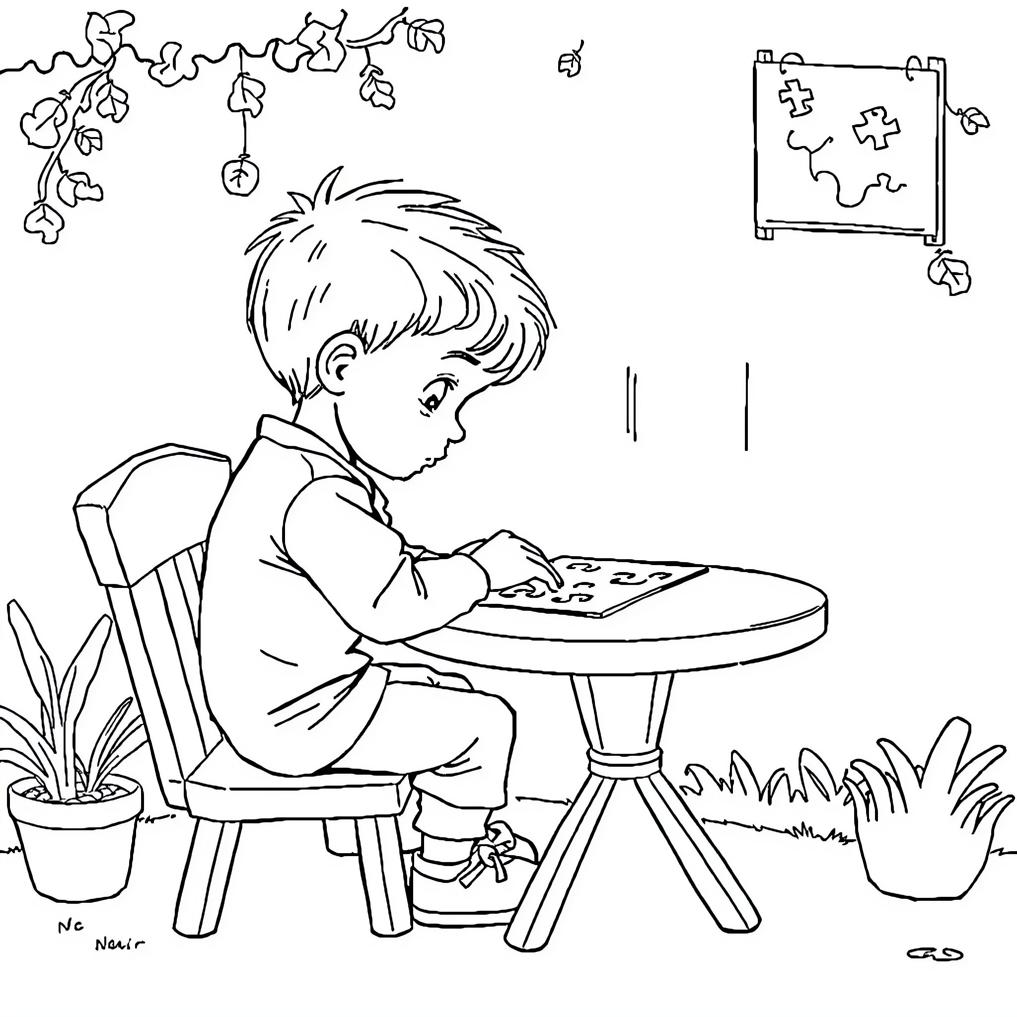 Boy intently coloring at a table Coloring Page (free black-and-white line drawing printable PDF for all, from beginners to advanced learners, including children, teens, adults, and seniors)