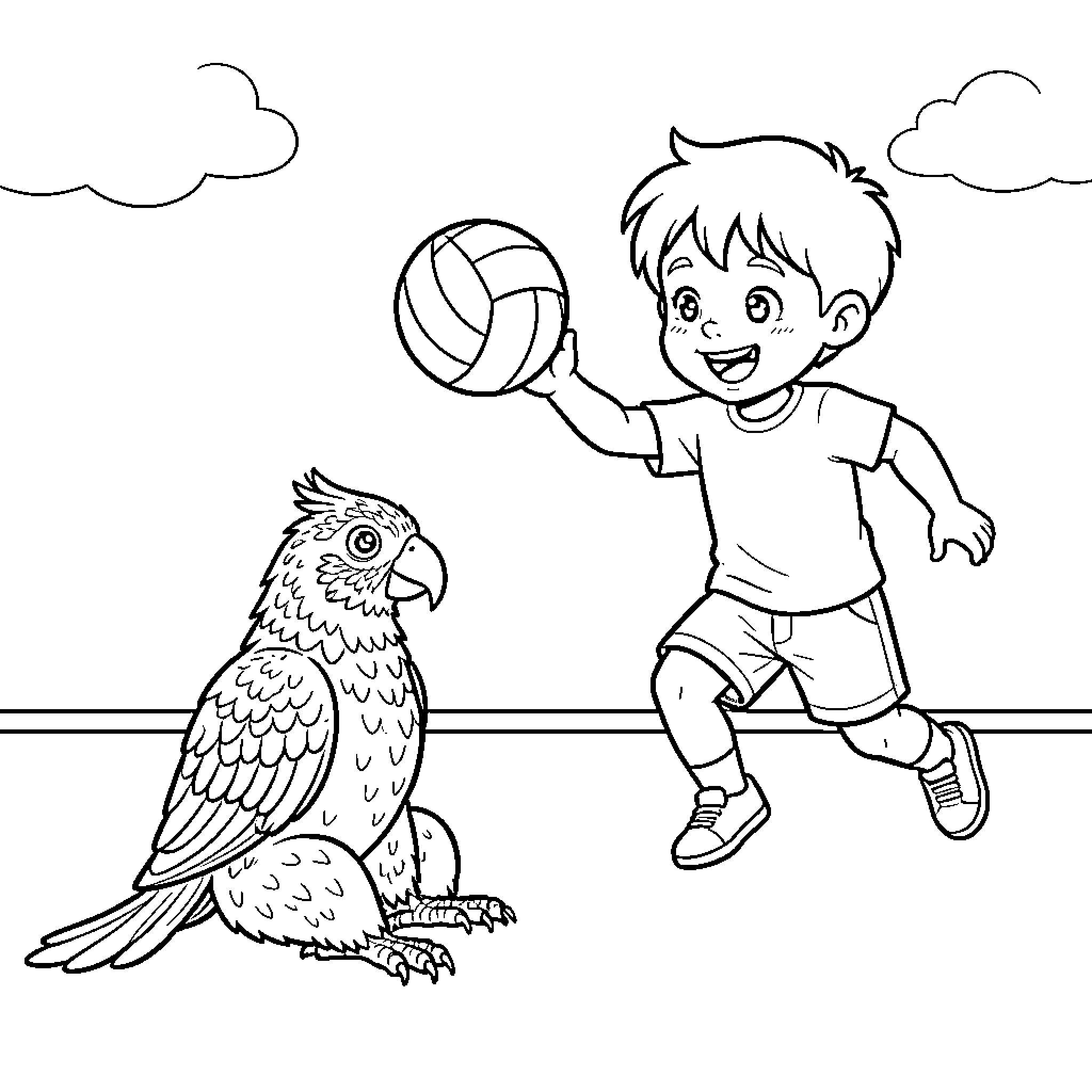 Parrot and boy playing with volleyball Coloring Page (free black-and-white line drawing printable PDF for all, from beginners to advanced learners, including children, teens, adults, and seniors)