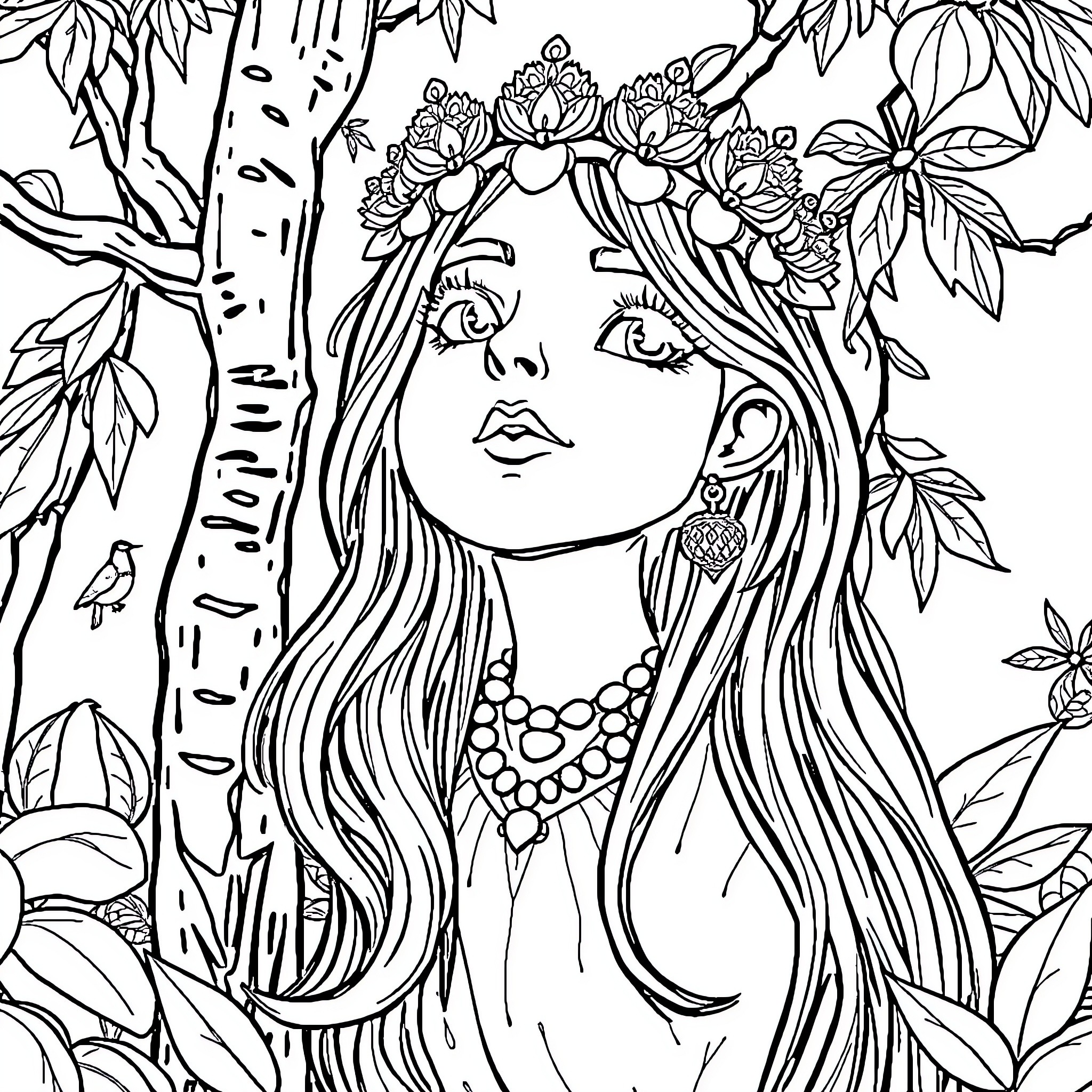 Patasola's Enchanting Floral Embrace Coloring Page (free black-and-white line drawing printable PDF for all, from beginners to advanced learners, including children, teens, adults, and seniors)
