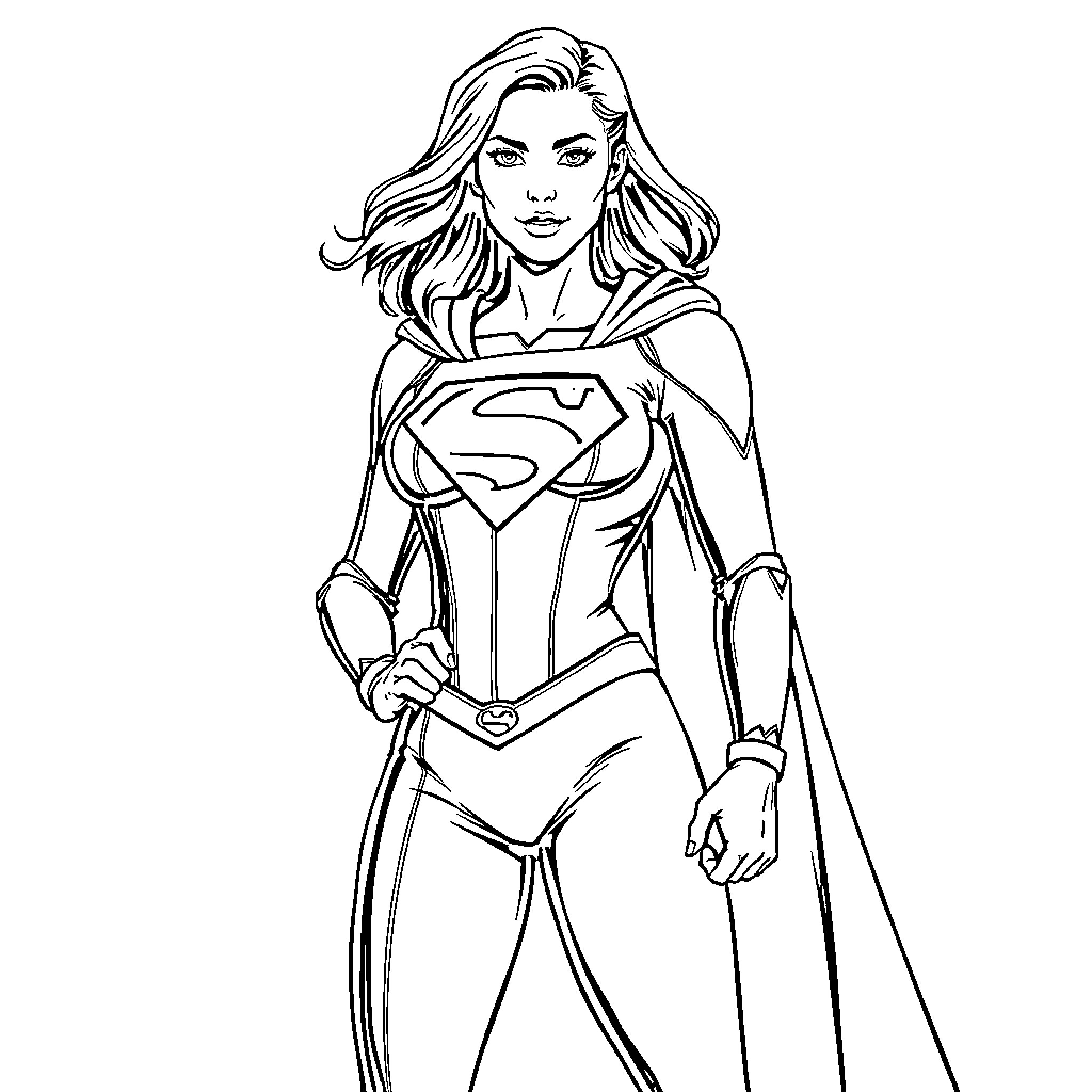 Alex Danvers as Supergirl in heroic pose Coloring Page (free black-and-white line drawing printable PDF for all, from beginners to advanced learners, including children, teens, adults, and seniors)