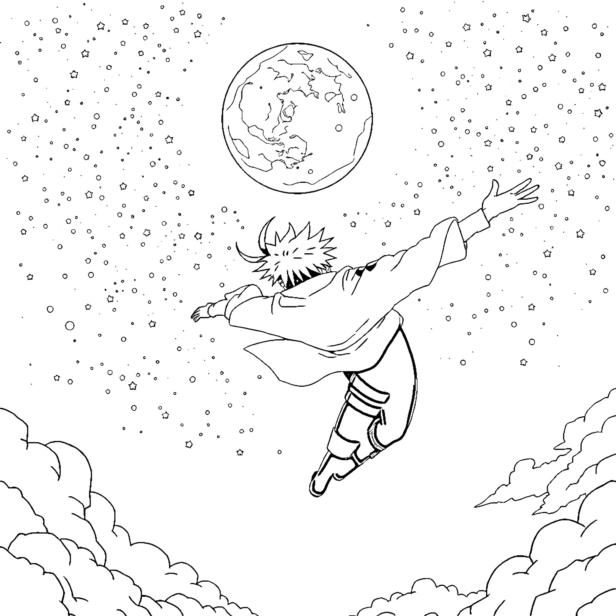 Naruto protagonist soaring through the night sky Coloring Page (free black-and-white line drawing printable PDF for all, from beginners to advanced learners, including children, teens, adults, and seniors)