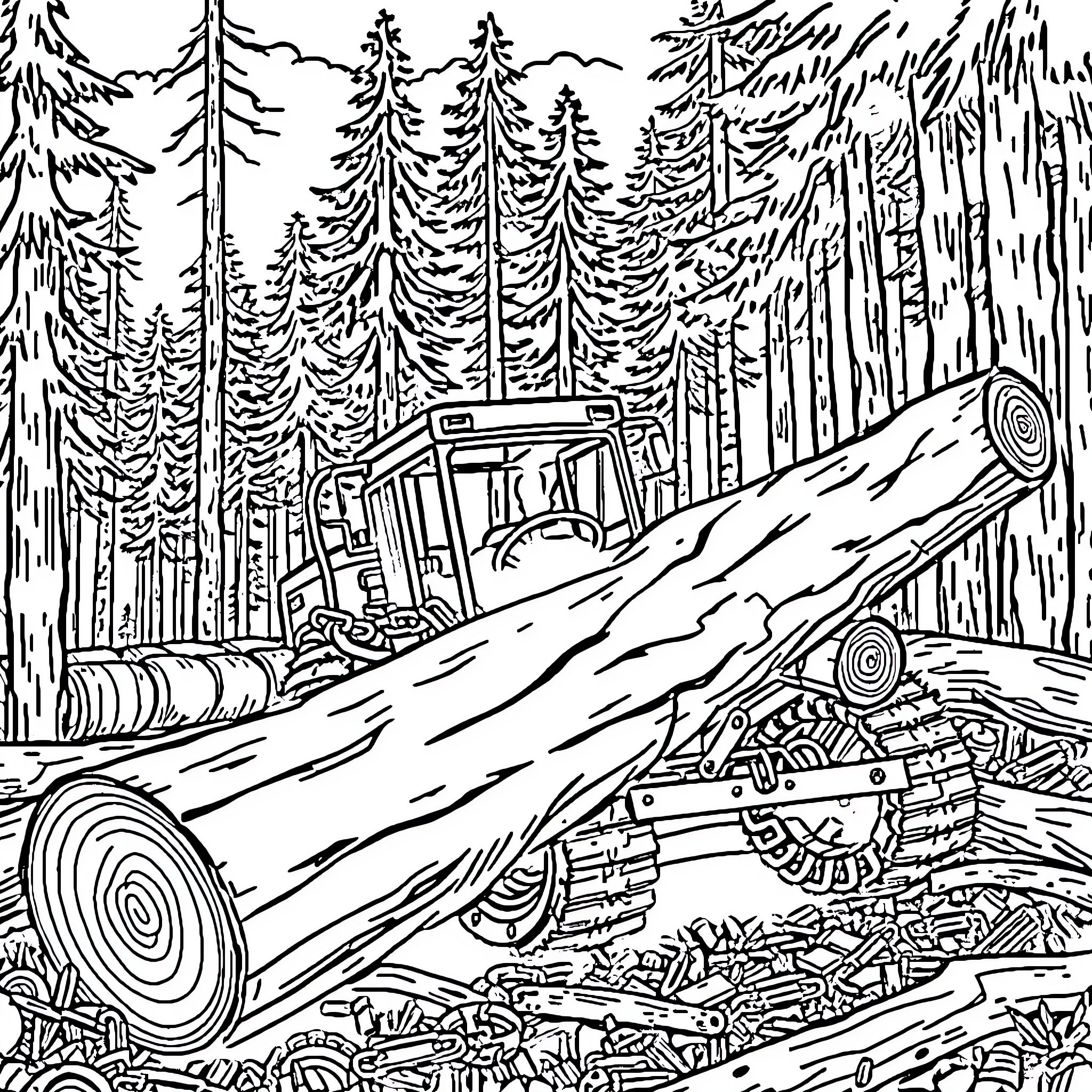 Log Harvester in Rugged Wilderness Coloring Page (free black-and-white line drawing printable PDF for all, from beginners to advanced learners, including children, teens, adults, and seniors)