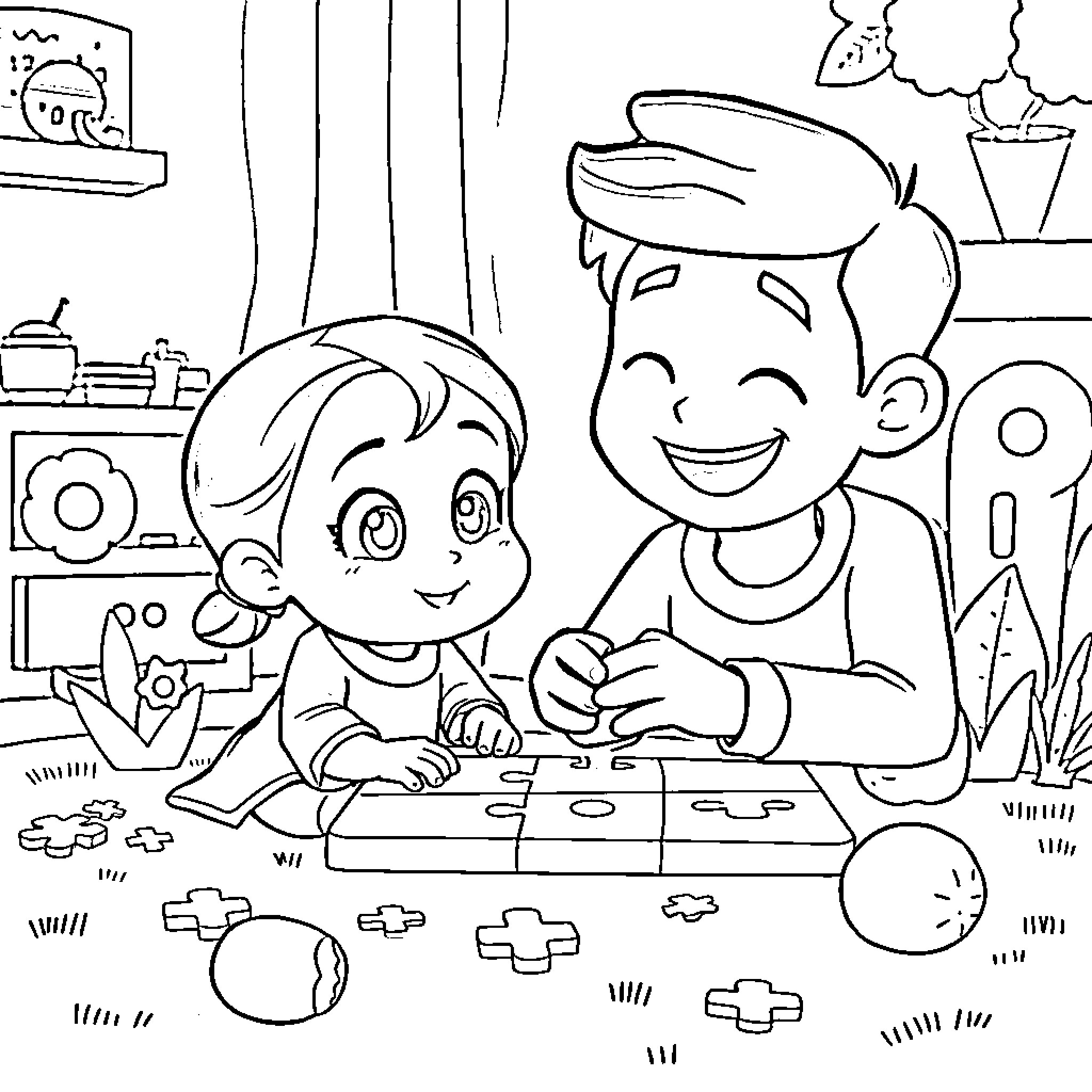 Child enjoys coloring with friend in living room Coloring Page (free black-and-white line drawing printable PDF for all, from beginners to advanced learners, including children, teens, adults, and seniors)