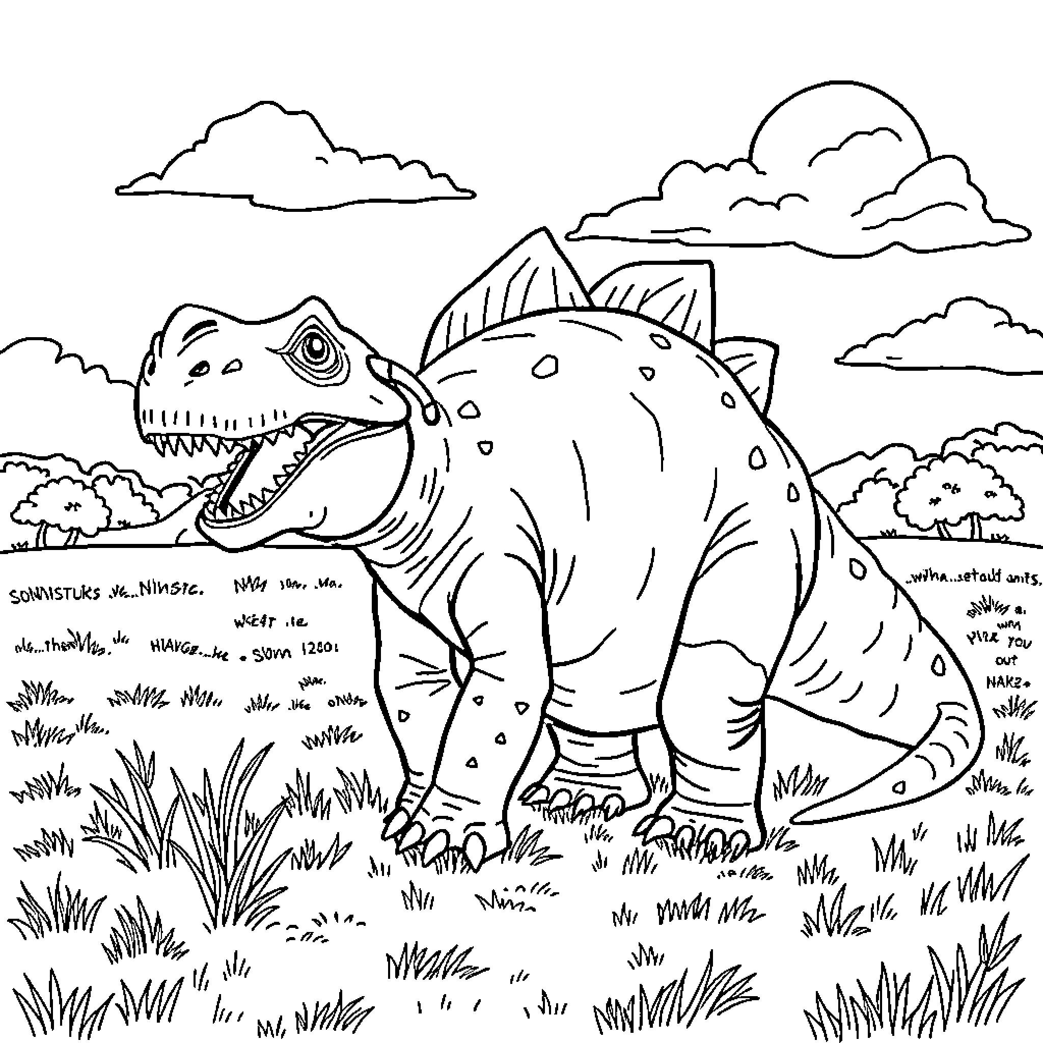 Ankylosaurus exploring the prehistoric landscape Coloring Page (free black-and-white line drawing printable PDF for all, from beginners to advanced learners, including children, teens, adults, and seniors)