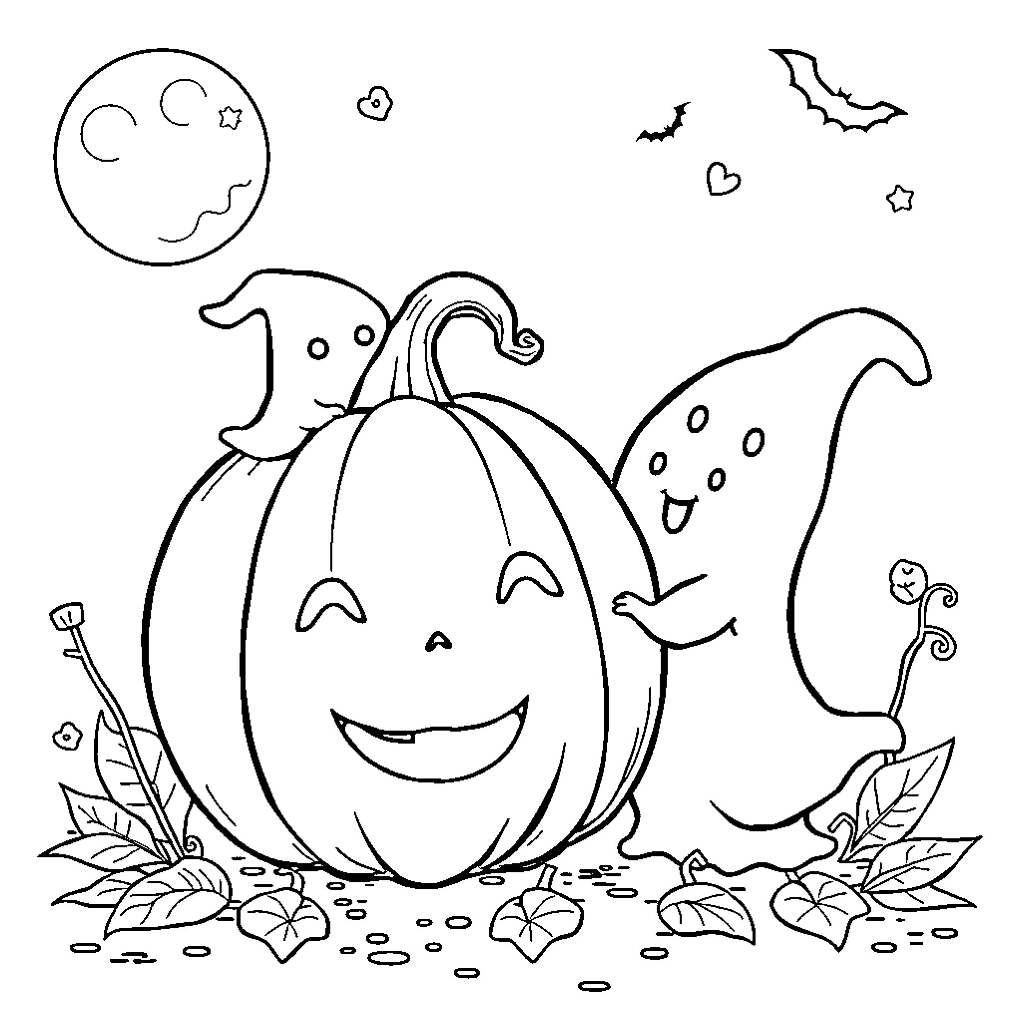 Pumpkin with a happy expression in an autumn scene Coloring Page (free black-and-white line drawing printable PDF for all, from beginners to advanced learners, including children, teens, adults, and seniors)