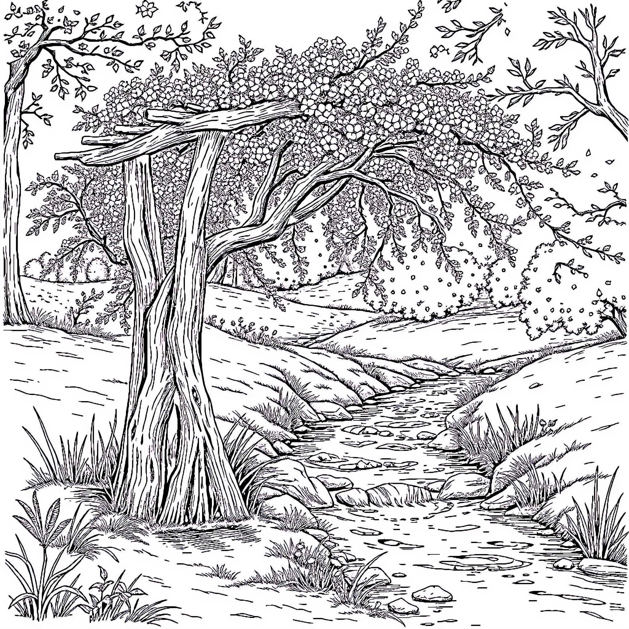 Brush Nature's Serene Landscape Coloring Page (free black-and-white line drawing printable PDF for all, from beginners to advanced learners, including children, teens, adults, and seniors)