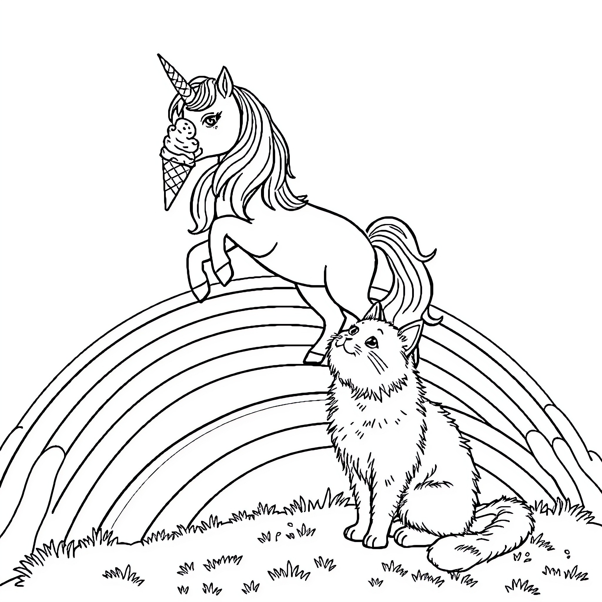 Unicorn beside a playful cat under a rainbow Coloring Page (free black-and-white line drawing printable PDF for all, from beginners to advanced learners, including children, teens, adults, and seniors)