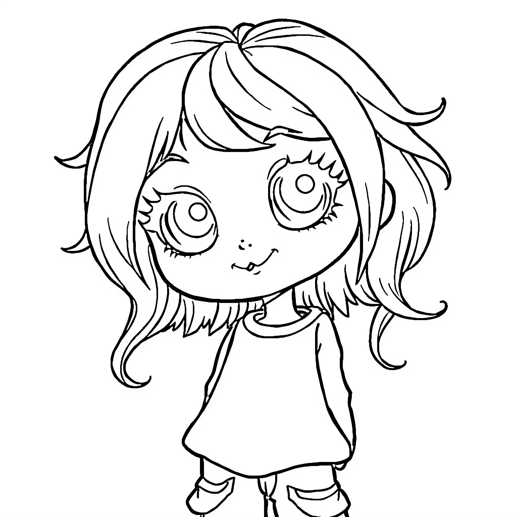 Girl with big eyes and playful expression Coloring Page (free black-and-white line drawing printable PDF for all, from beginners to advanced learners, including children, teens, adults, and seniors)
