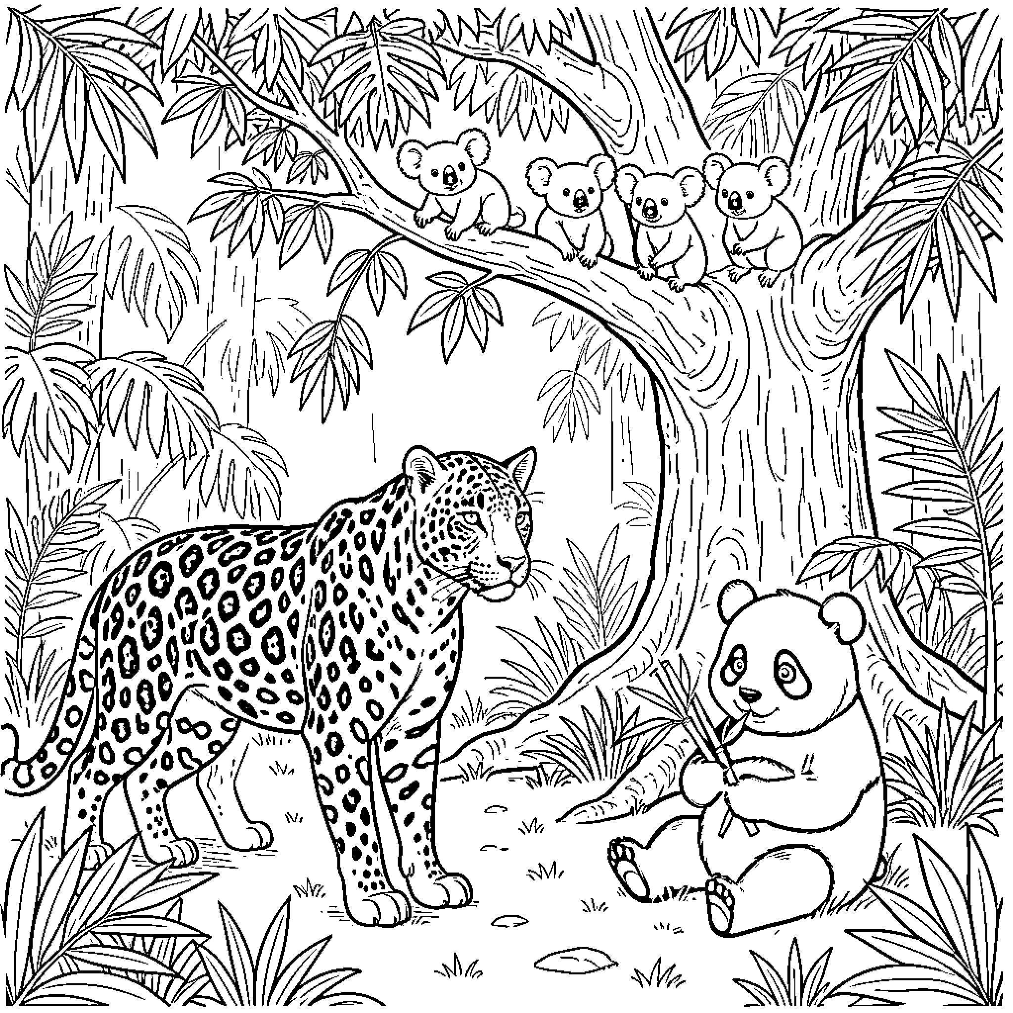 Panther and pandas in a lush jungle landscape Coloring Page (free black-and-white line drawing printable PDF for all, from beginners to advanced learners, including children, teens, adults, and seniors)