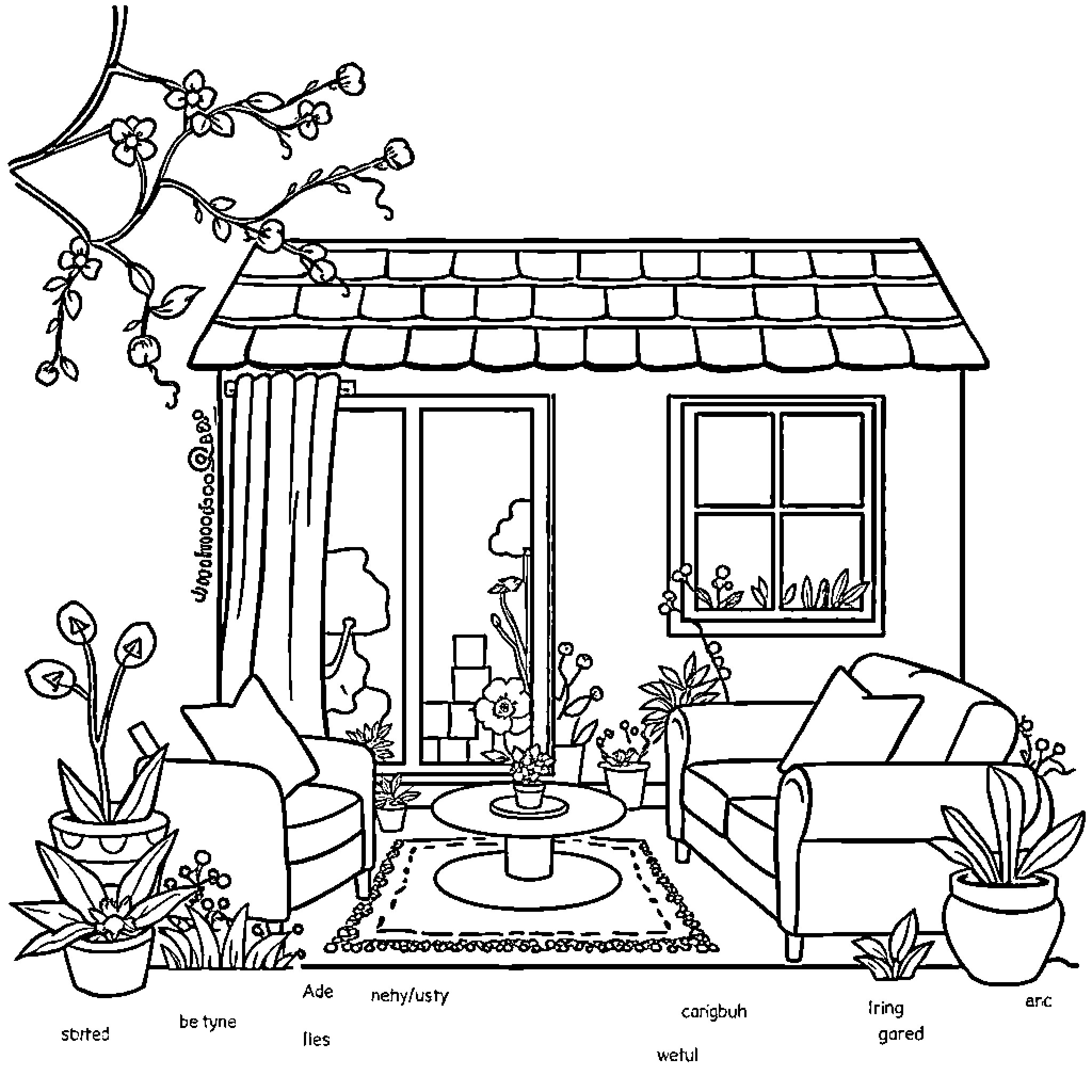 Home with Cozy Furnishings and Blooming Flowers Coloring Page (free black-and-white line drawing printable PDF for all, from beginners to advanced learners, including children, teens, adults, and seniors)