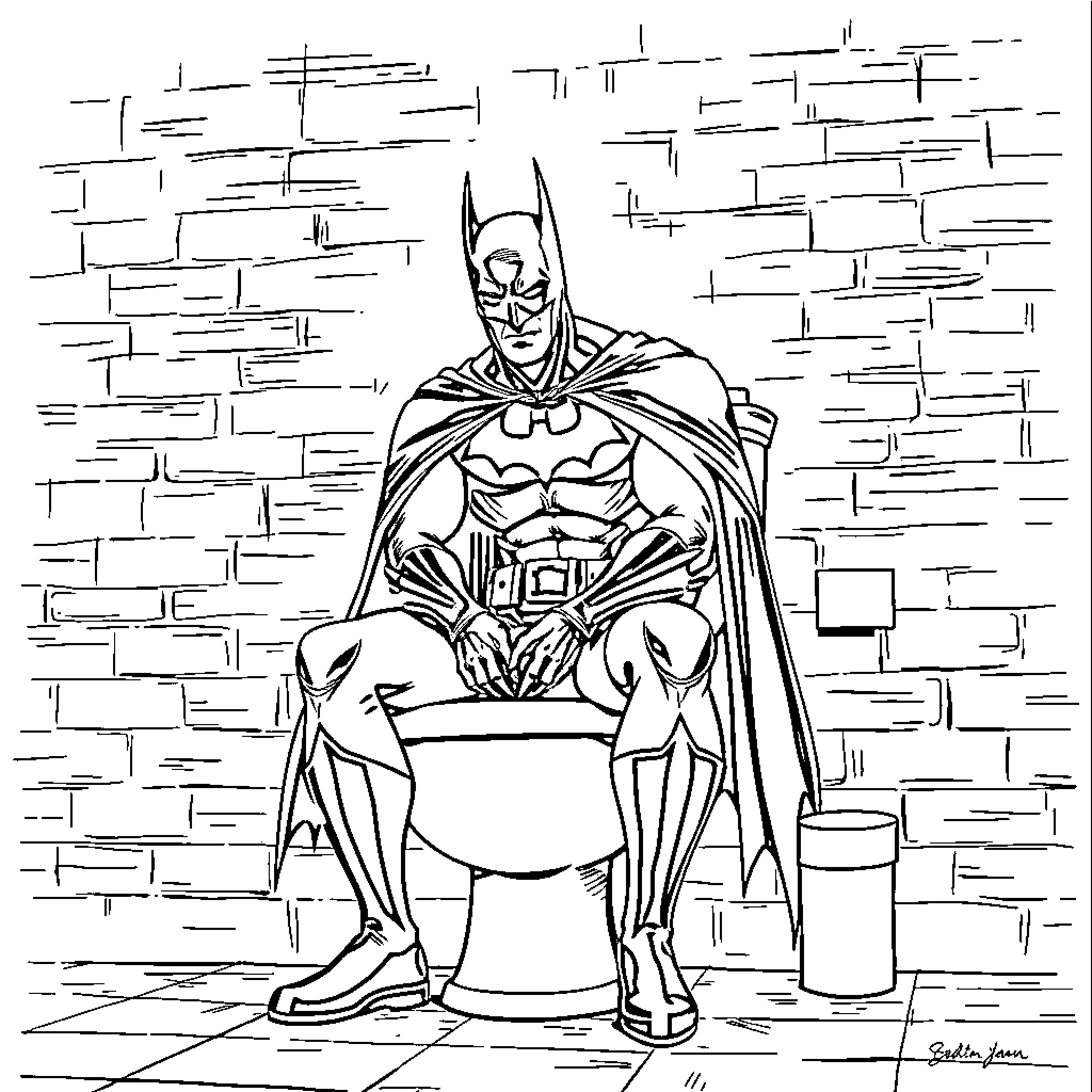 Batman standing in a dark alley Coloring Page (free black-and-white line drawing printable PDF for all, from beginners to advanced learners, including children, teens, adults, and seniors)