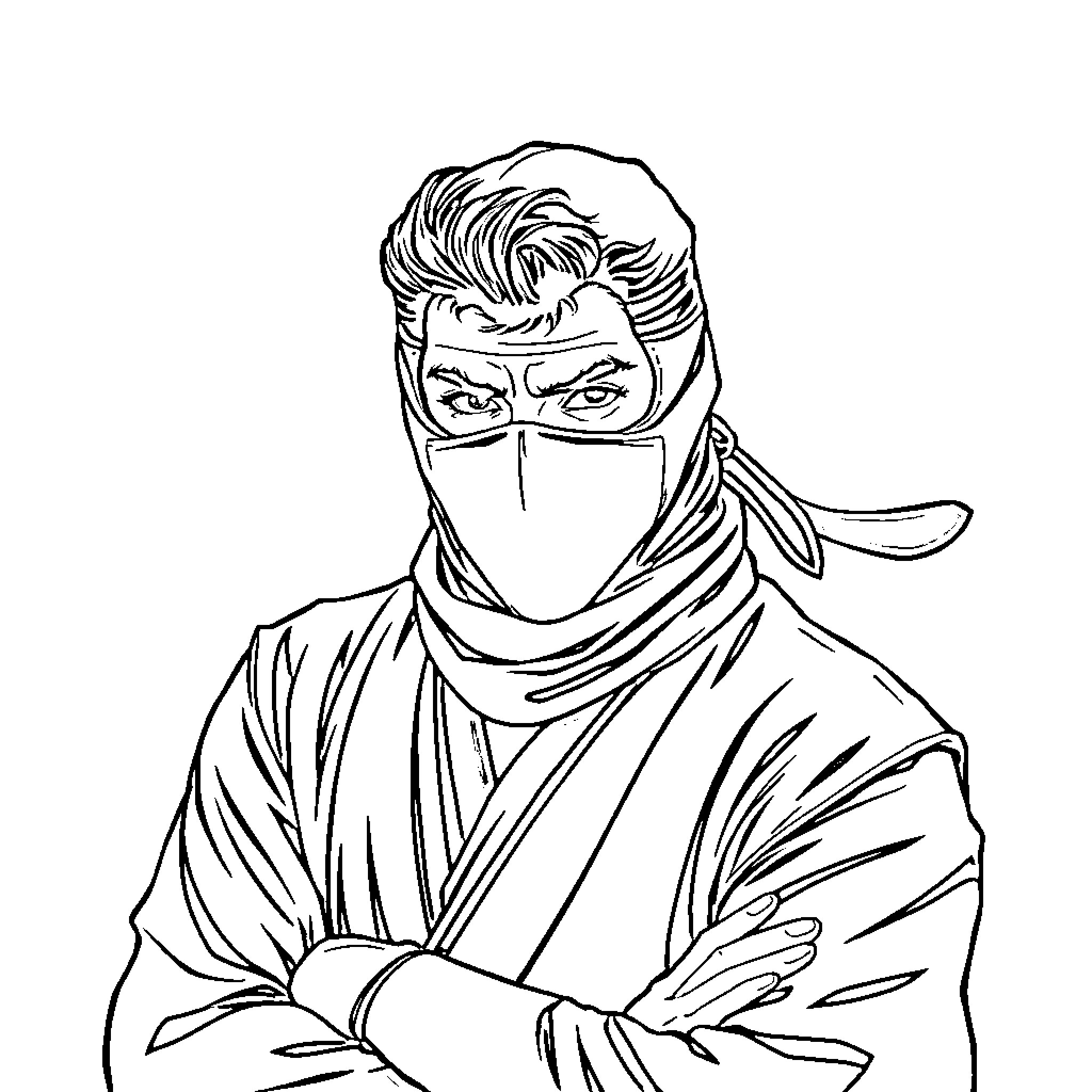 Elvis Presley as a Mysterious Ninja Coloring Page (free black-and-white line drawing printable PDF for all, from beginners to advanced learners, including children, teens, adults, and seniors)