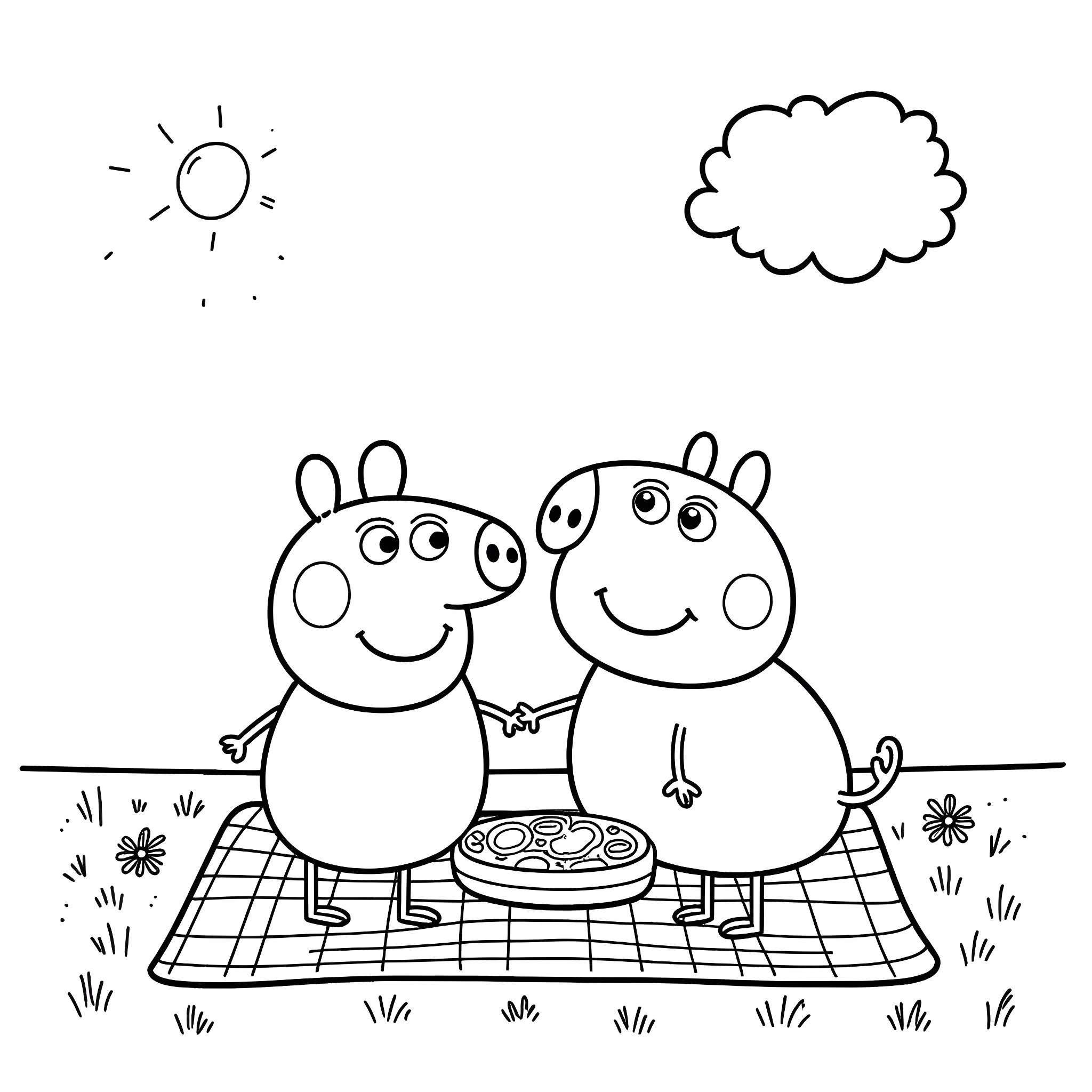 Peppa Pig having a picnic with friends in the park Coloring Page (free black-and-white line drawing printable PDF for all, from beginners to advanced learners, including children, teens, adults, and seniors)
