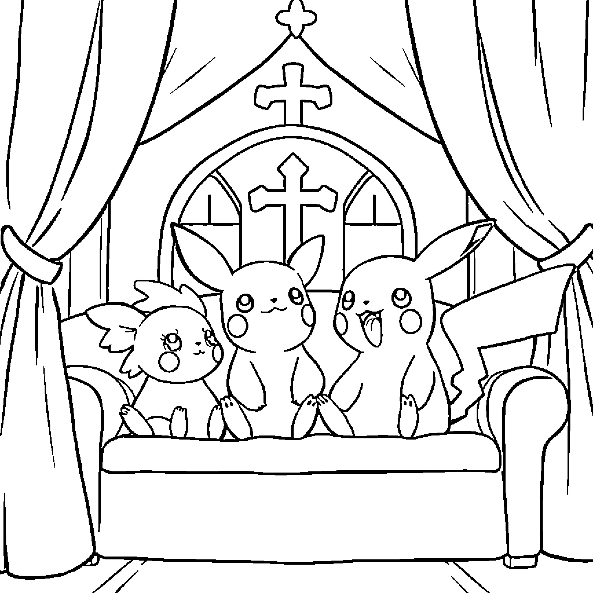 Pokémon characters in a religious scene Coloring Page (free black-and-white line drawing printable PDF for all, from beginners to advanced learners, including children, teens, adults, and seniors)