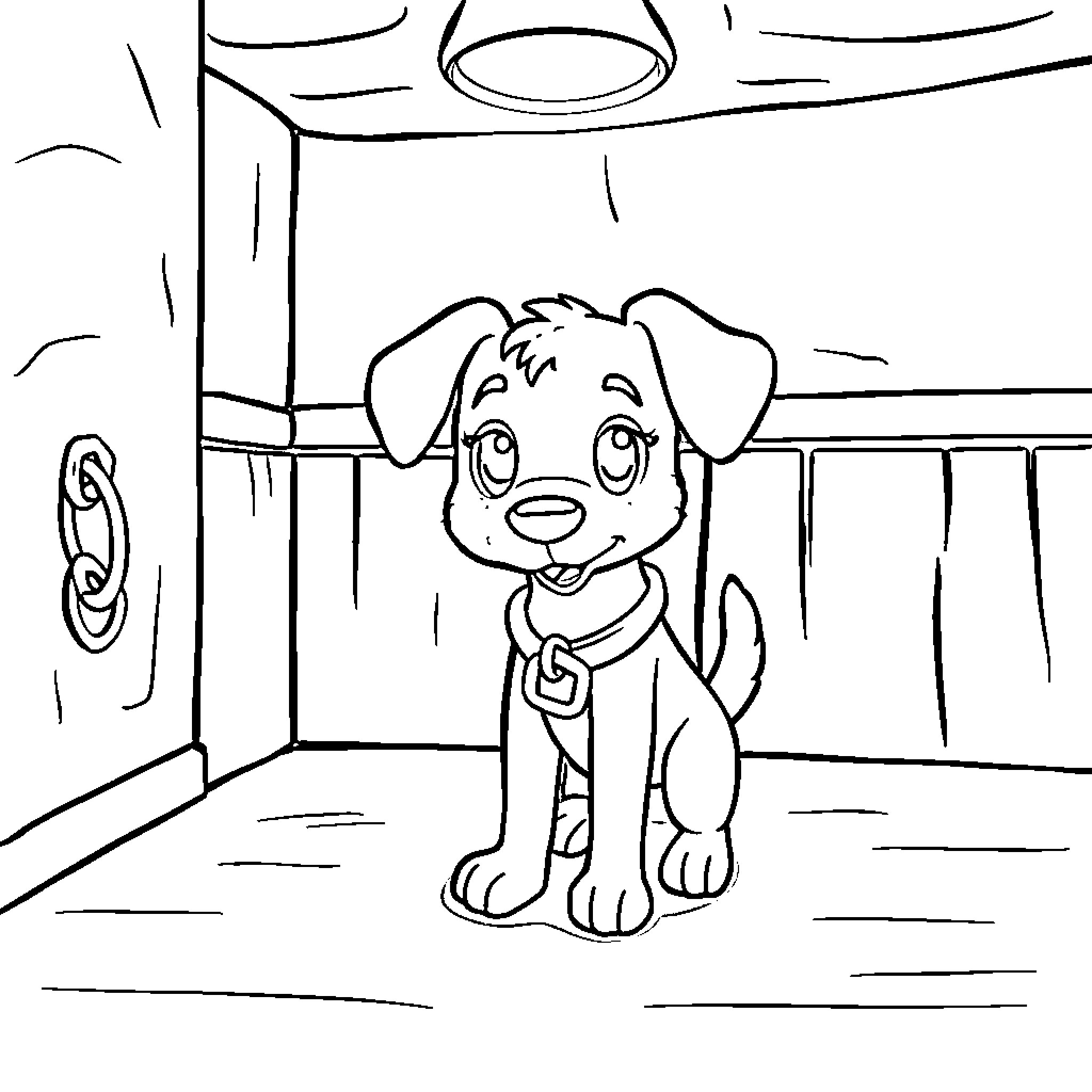Dogday Puppy Explores Indoors Coloring Page (free black-and-white line drawing printable PDF for all, from beginners to advanced learners, including children, teens, adults, and seniors)
