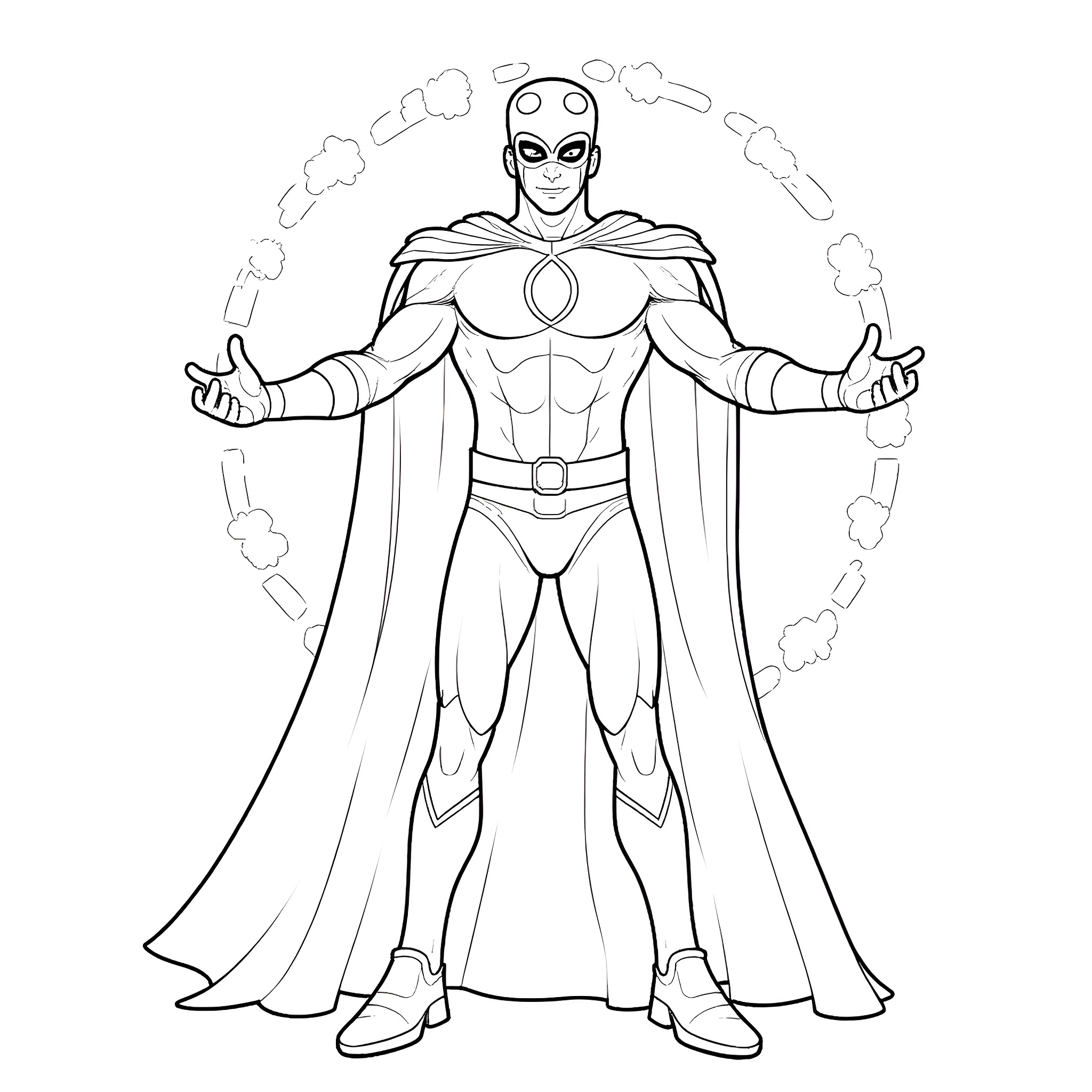Dr. Fate's Heroic Pose in Cosmic Backdrop Coloring Page (free black-and-white line drawing printable PDF for all, from beginners to advanced learners, including children, teens, adults, and seniors)