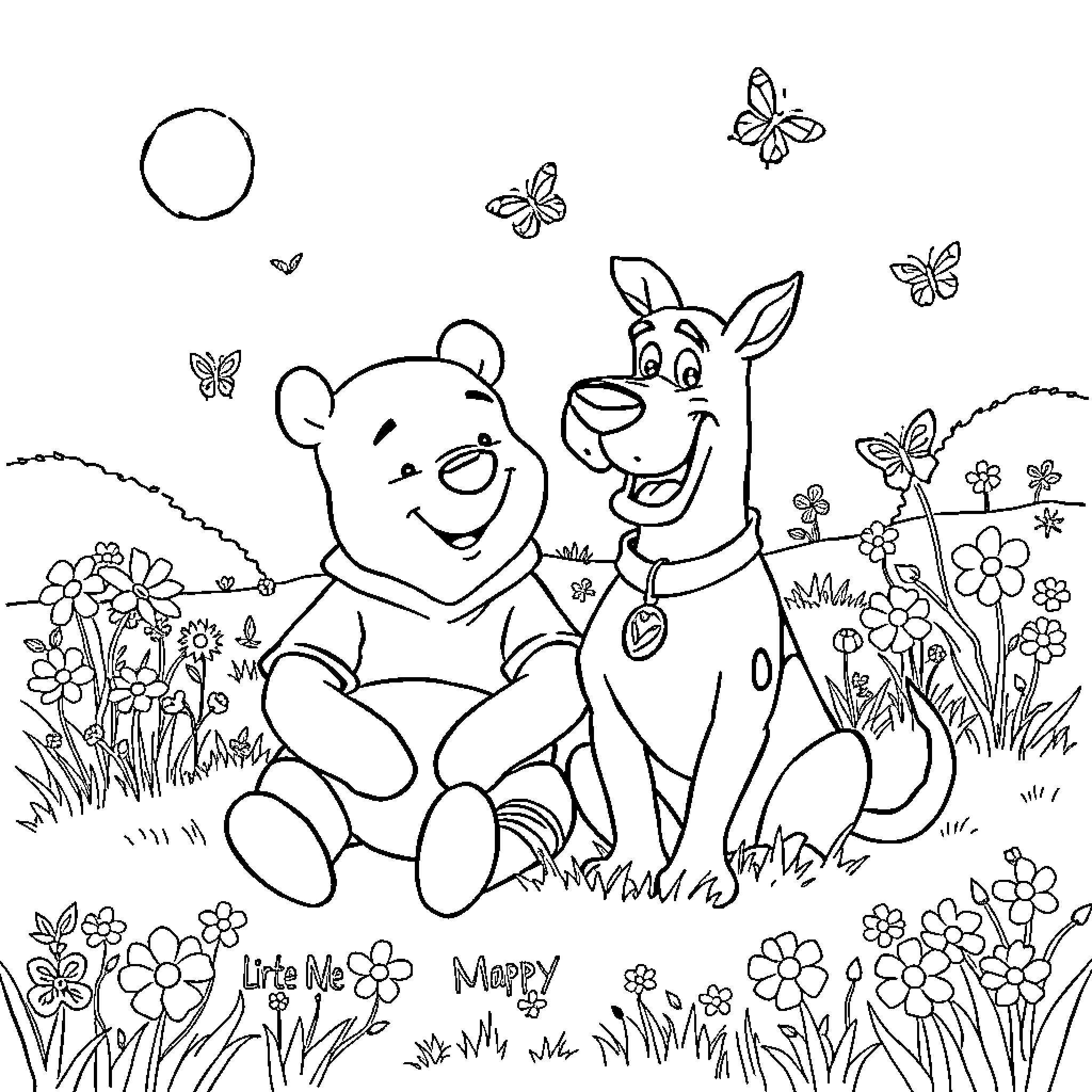 Winnie The Pooh and Tigger enjoy a day outdoors Coloring Page (free black-and-white line drawing printable PDF for all, from beginners to advanced learners, including children, teens, adults, and seniors)