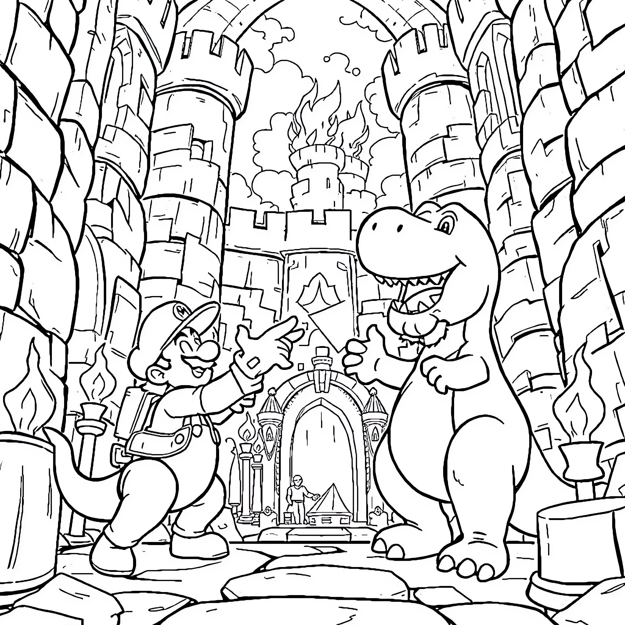 Barney Explores the Enchanted City Coloring Page (free black-and-white line drawing printable PDF for all, from beginners to advanced learners, including children, teens, adults, and seniors)