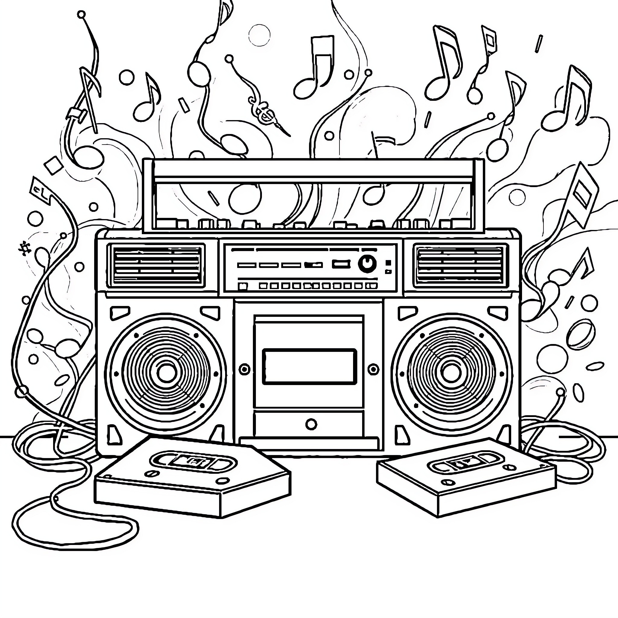 Boombox playing music amidst swirling notes Coloring Page (free black-and-white line drawing printable PDF for all, from beginners to advanced learners, including children, teens, adults, and seniors)