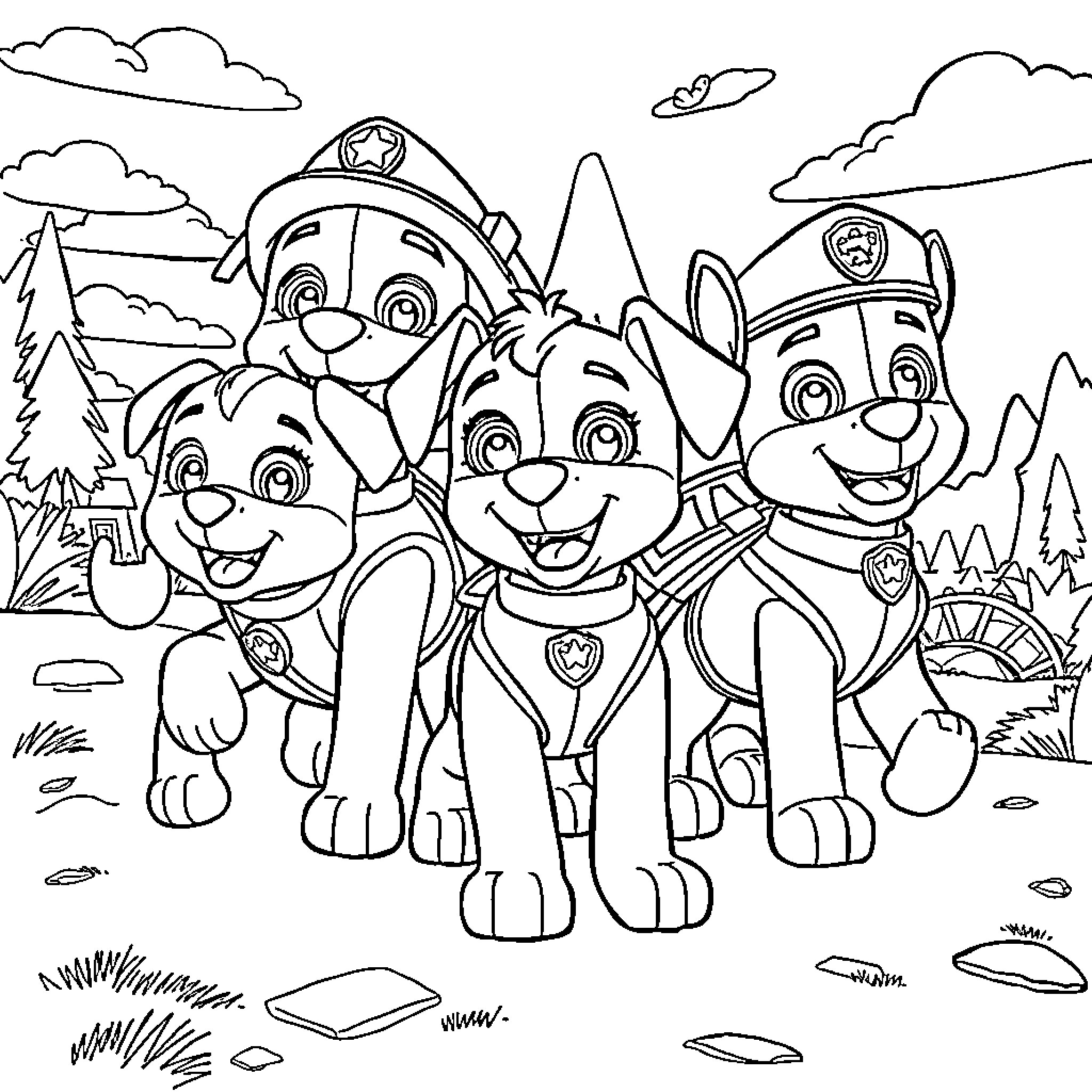 Paw Patrol puppies on an outdoor adventure Coloring Page (free black-and-white line drawing printable PDF for all, from beginners to advanced learners, including children, teens, adults, and seniors)